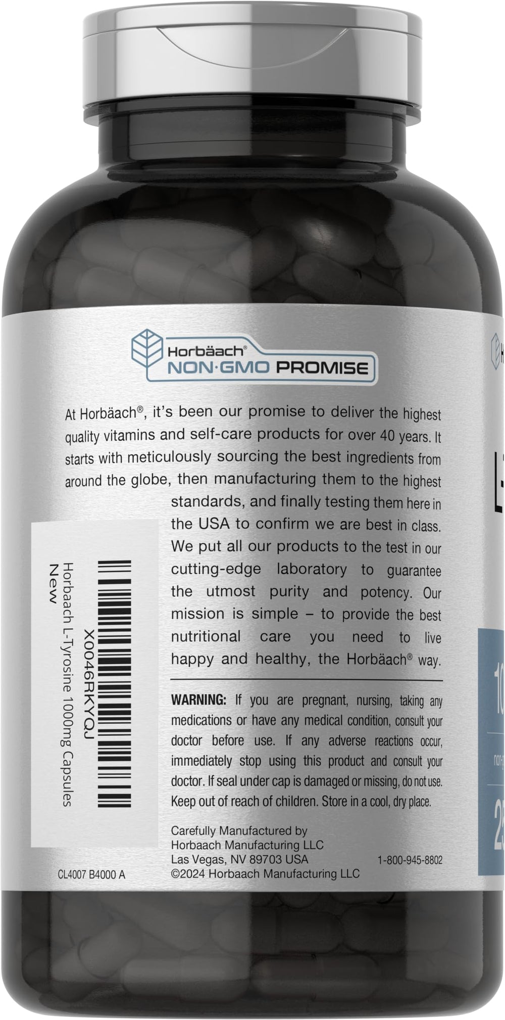 Label detail on Horbäach L-Tyrosine, emphasizing purity and 250-capsule count.