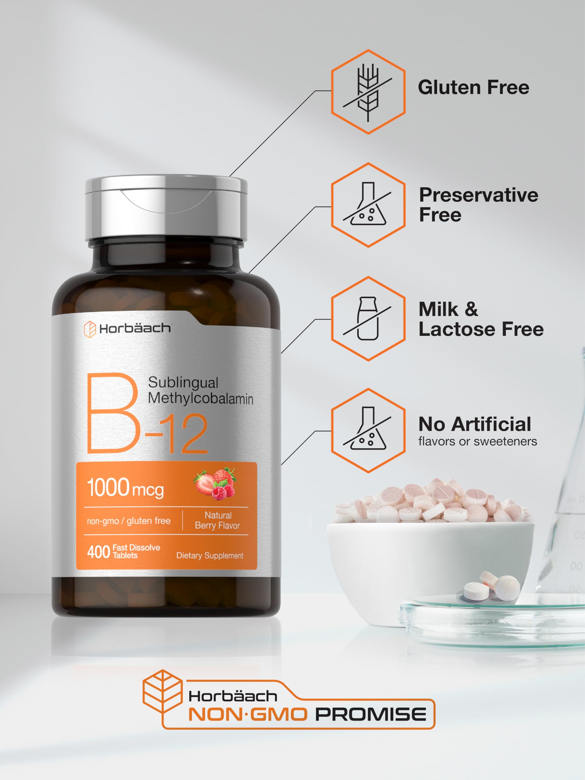 Horbaach vitamin B12 bottle on kitchen counter suggesting daily routine