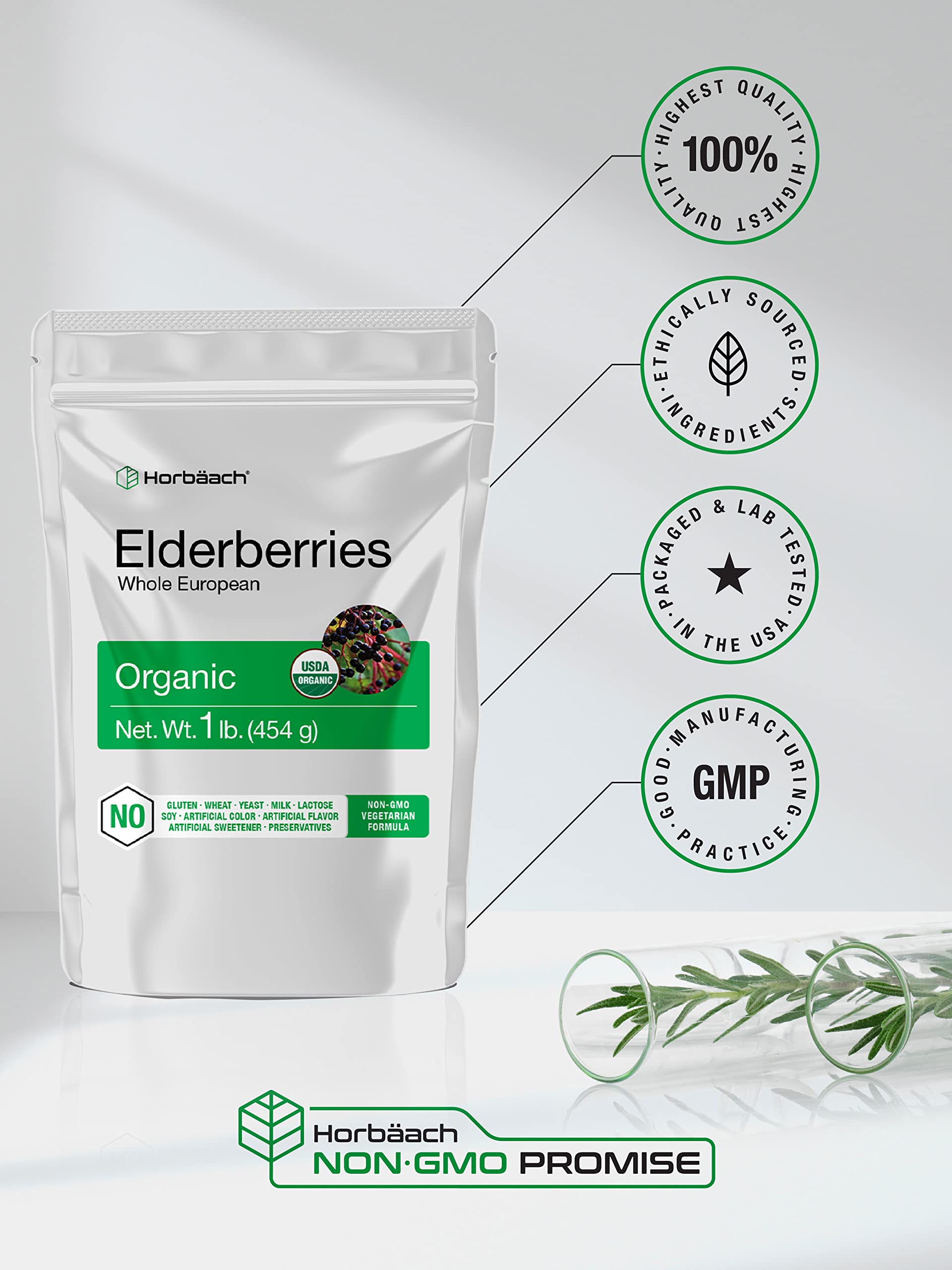Horbaach lab-tested quality seal on elderberries packaging