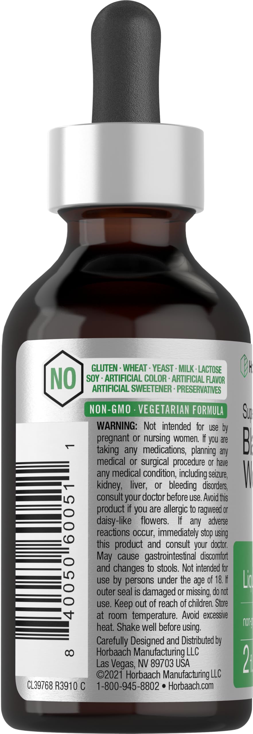 Close-up of Horbaach label highlighting gluten-free and non-GMO formulation.