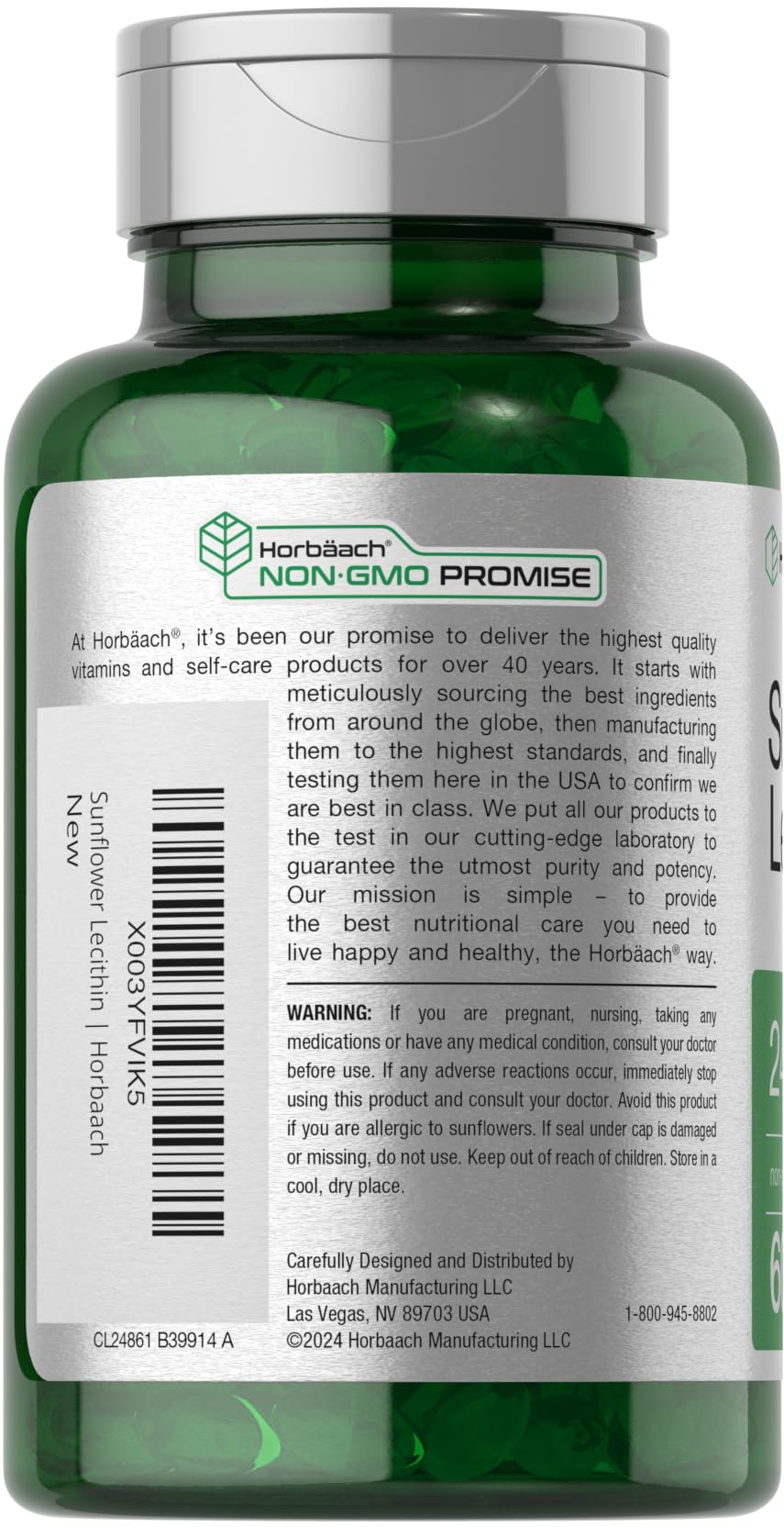 Capsulas Horbaach Lecitina de Girasol, 2400 mg por porción para comodidad.