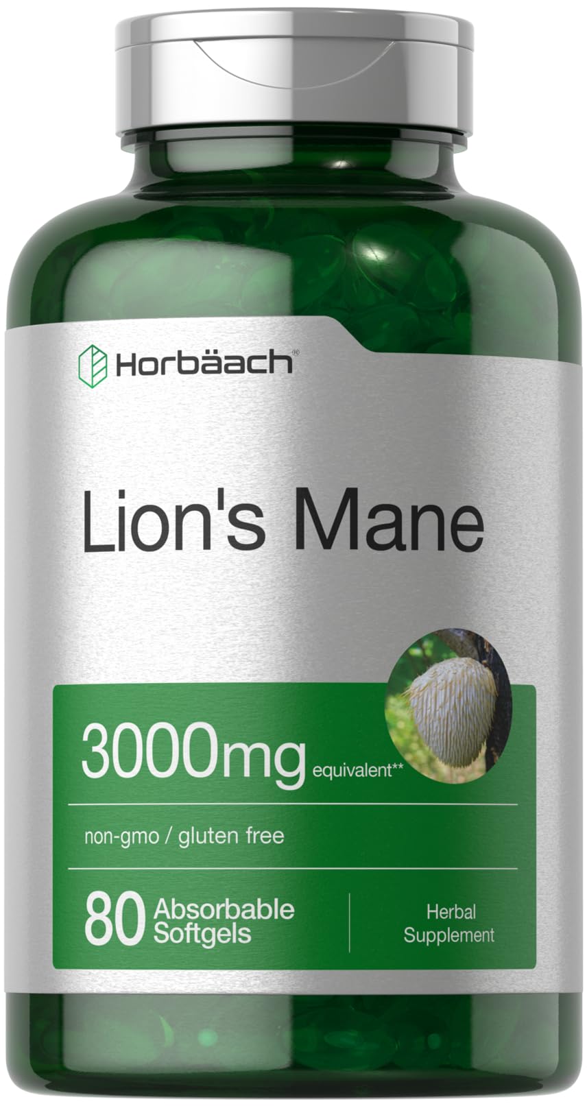 Horbäach Lions Mane botella absorbible para apoyo cognitivo diario.