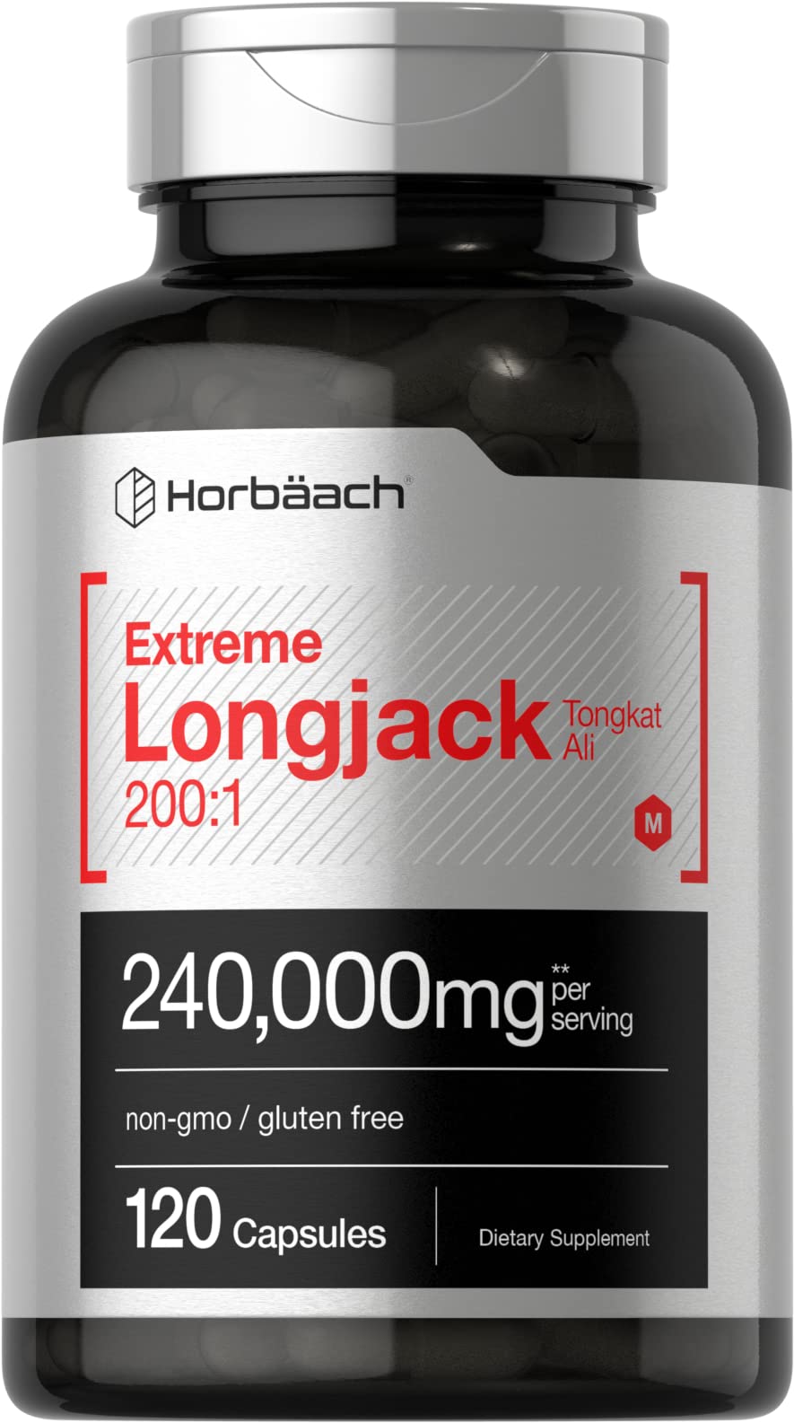 Horbaach Longjack Tongkat Ali capsules in bottle for daily energy support.
