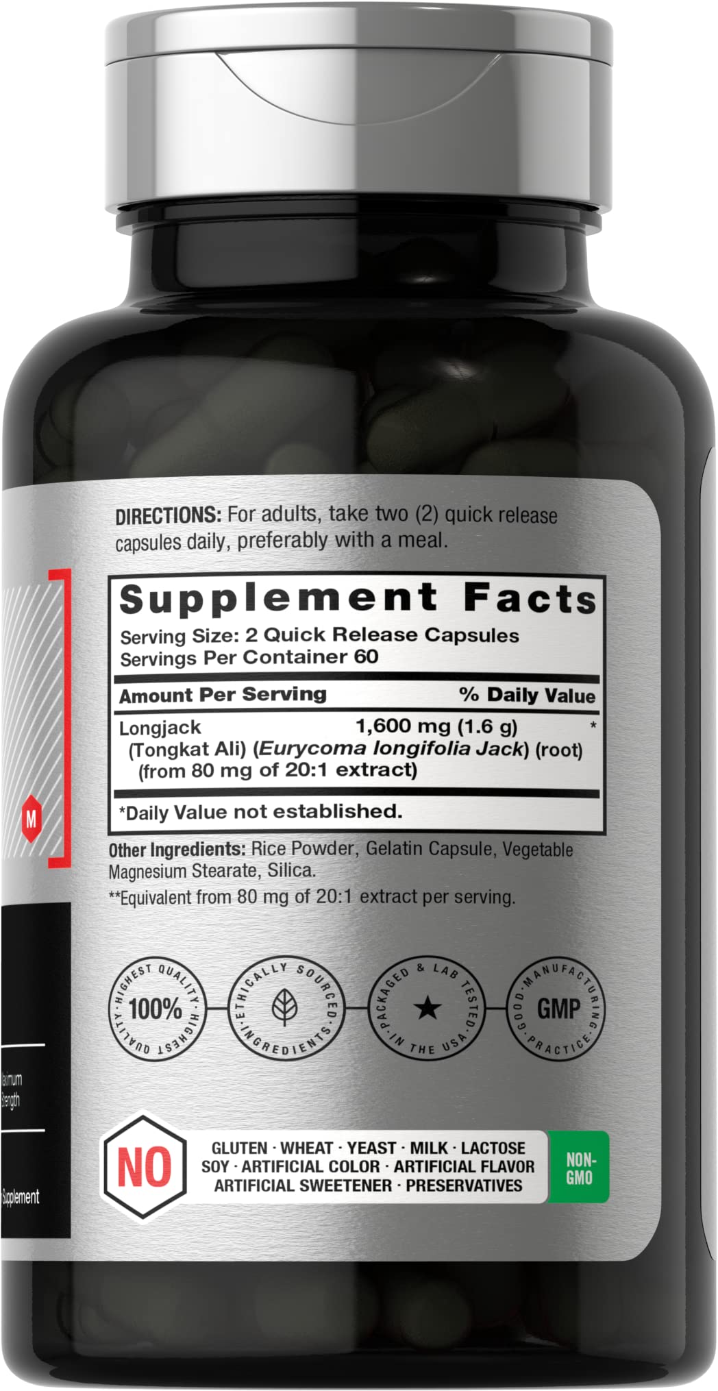 Close-up of Horbaach Longjack Tongkat Ali capsules showing 1600 mg strength.