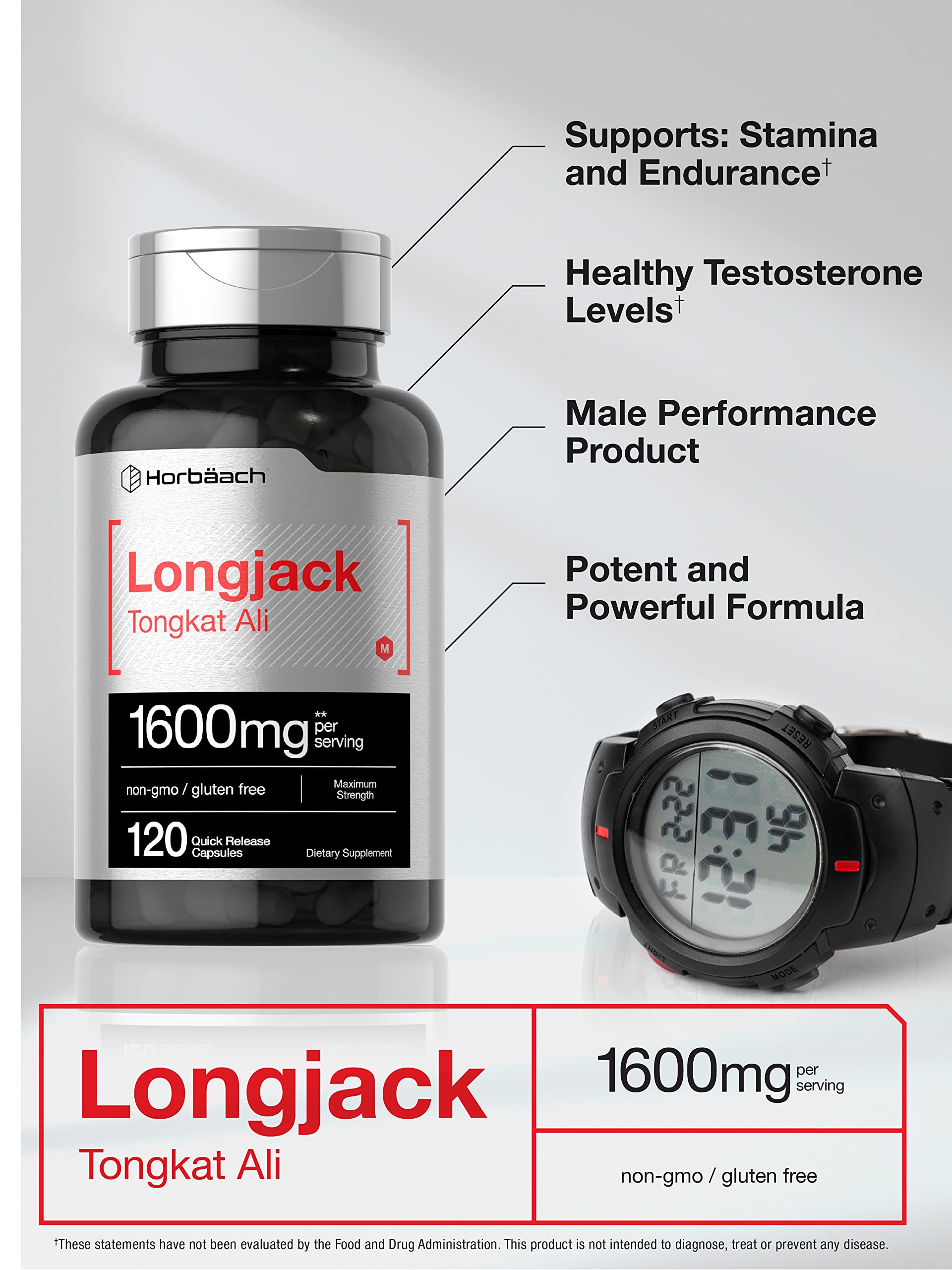 Horbaach Tongkat Ali label highlighting gluten-free non-GMO formula.