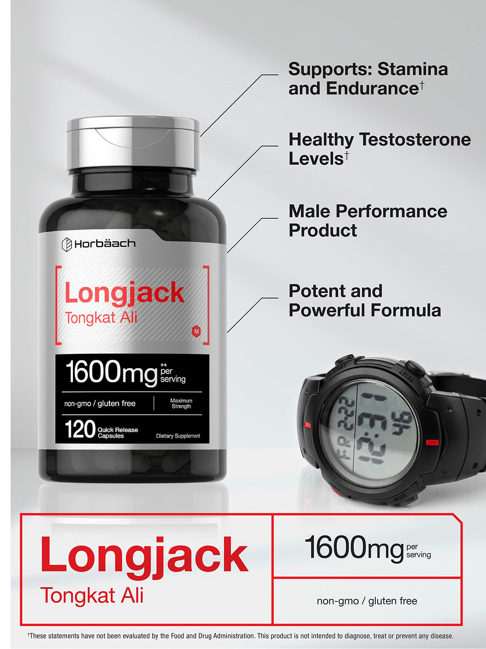 Horbaach Tongkat Ali label highlighting gluten-free non-GMO formula.