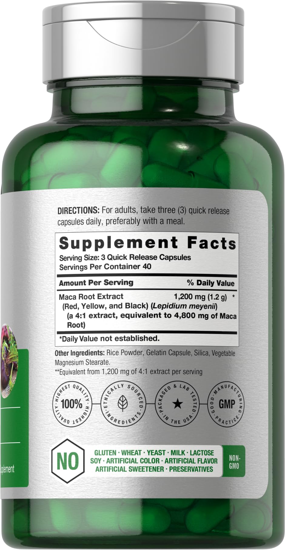 Horbäach Maca Root bottle and label highlighting gluten-free, non-GMO formula.