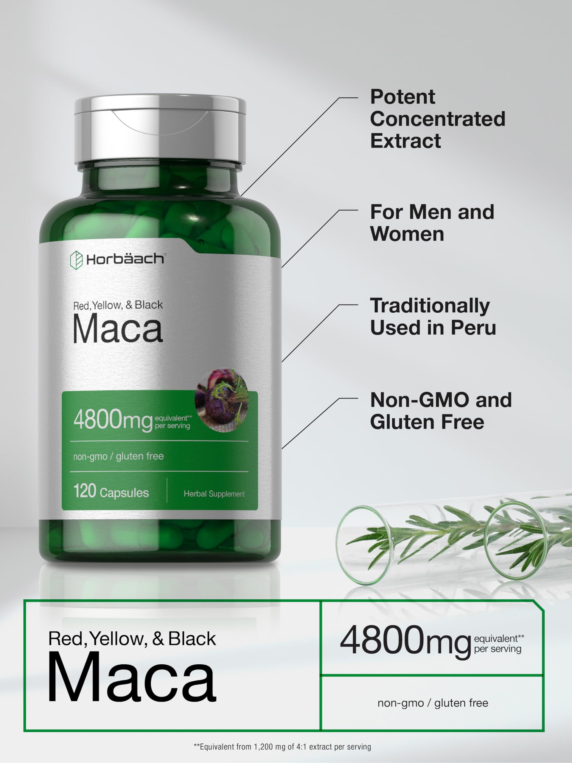 Horbäach Maca Root bottle being poured for easy daily dosing.
