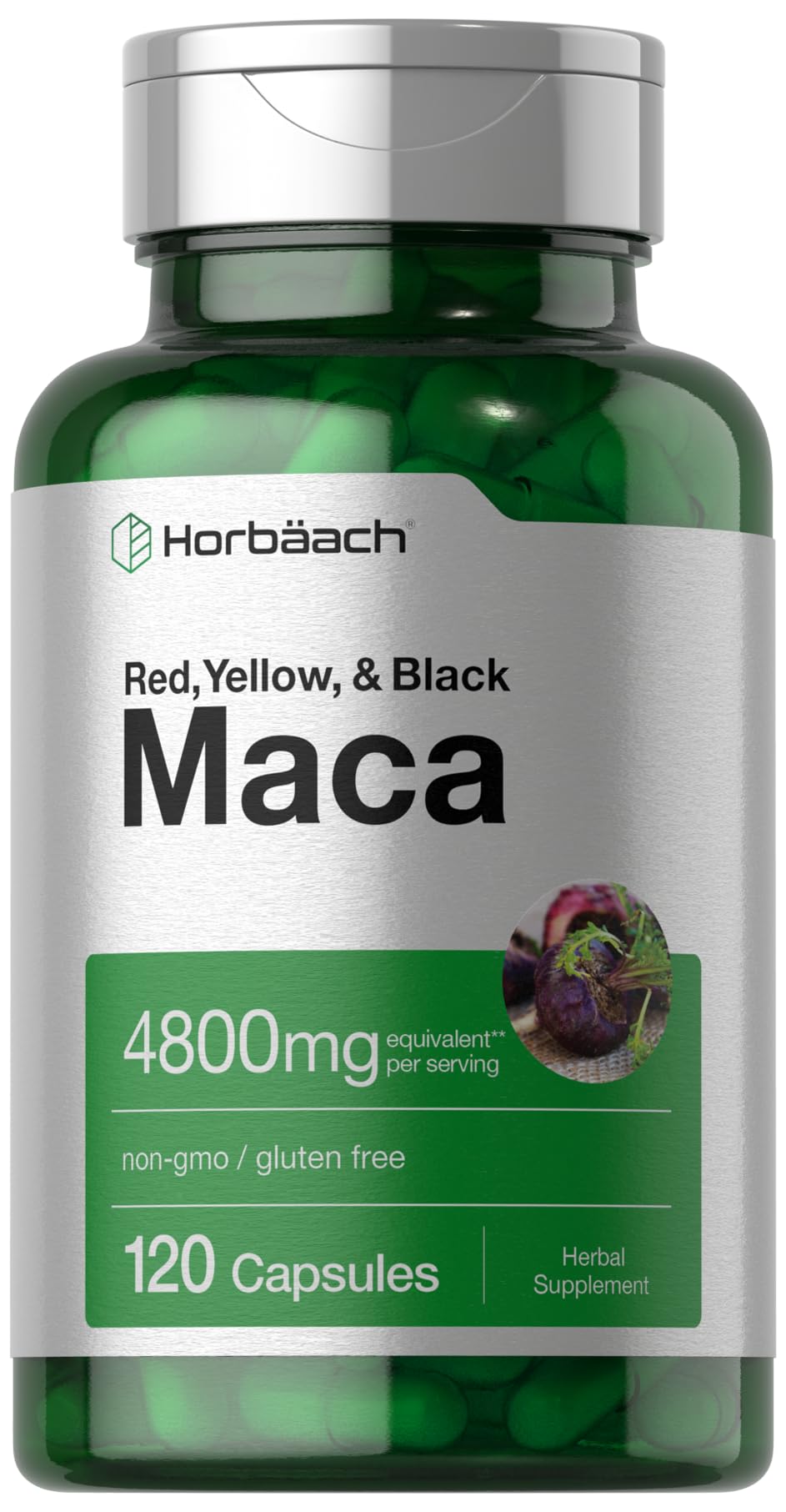 Horbäach Maca Root Capsules 120-count bottle for daily energy support.