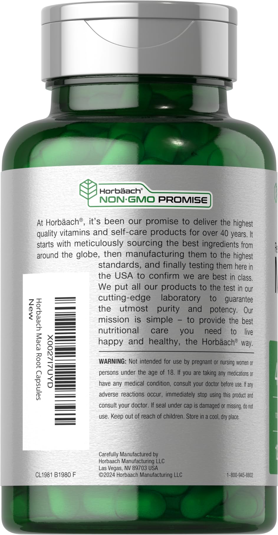 Horbäach Maca Root capsules close-up showcasing quick-release design for faster absorption.