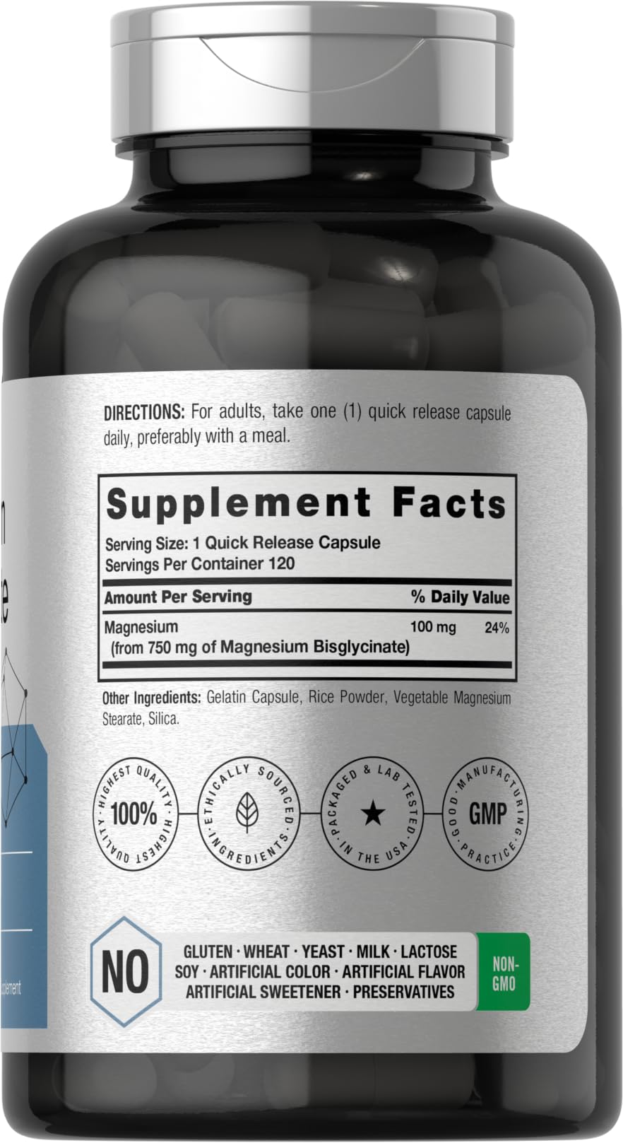 Horbäach Magnesium Bisglycinate bottle close-up showing capsule count for daily supplementation.