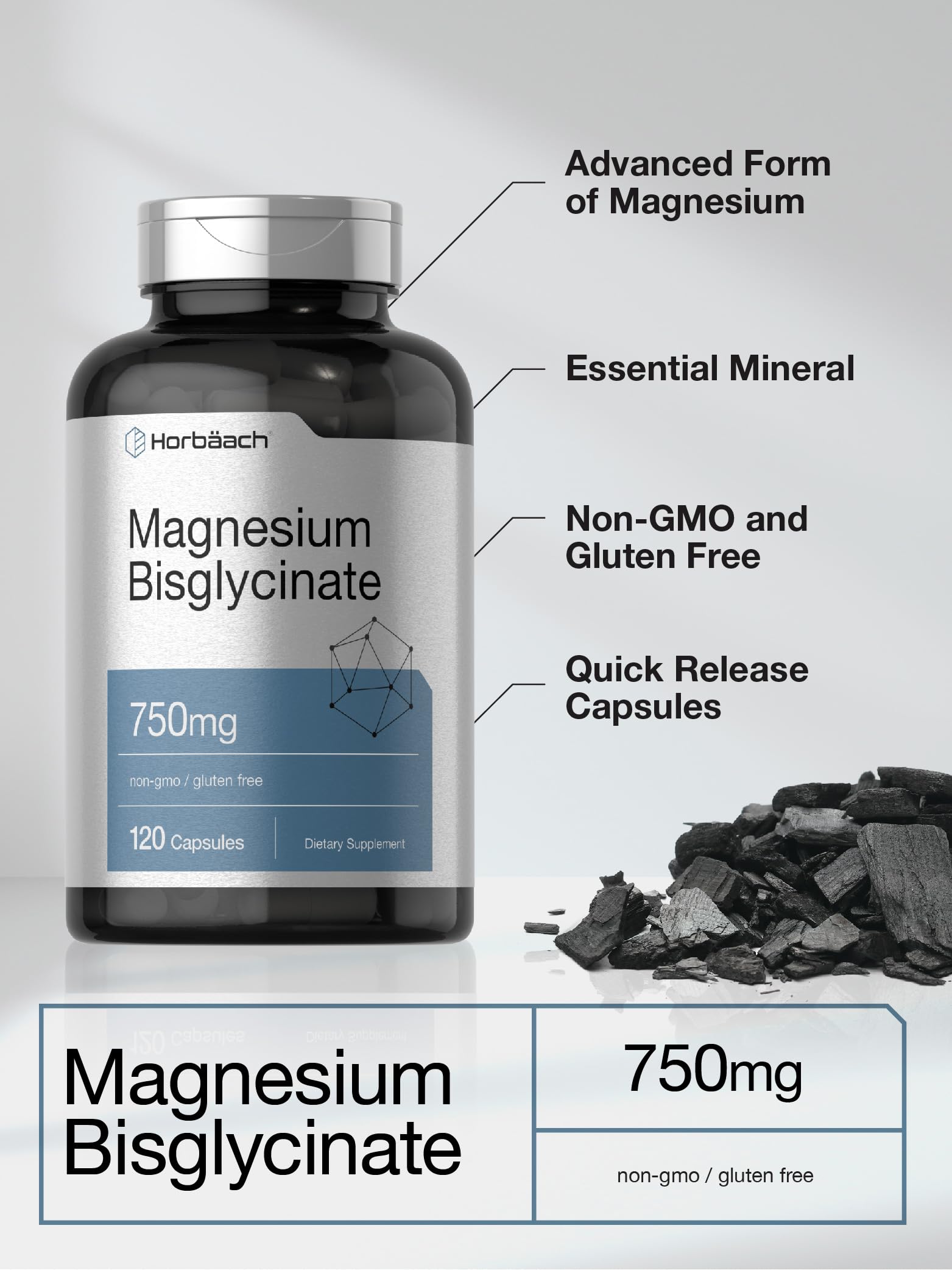 Horbäach Magnesium Bisglycinate capsules close-up highlighting smooth texture for easy swallowing.