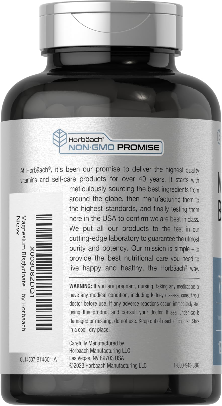 Horbäach Magnesium Bisglycinate label view highlights non-GMO and gluten-free formula.