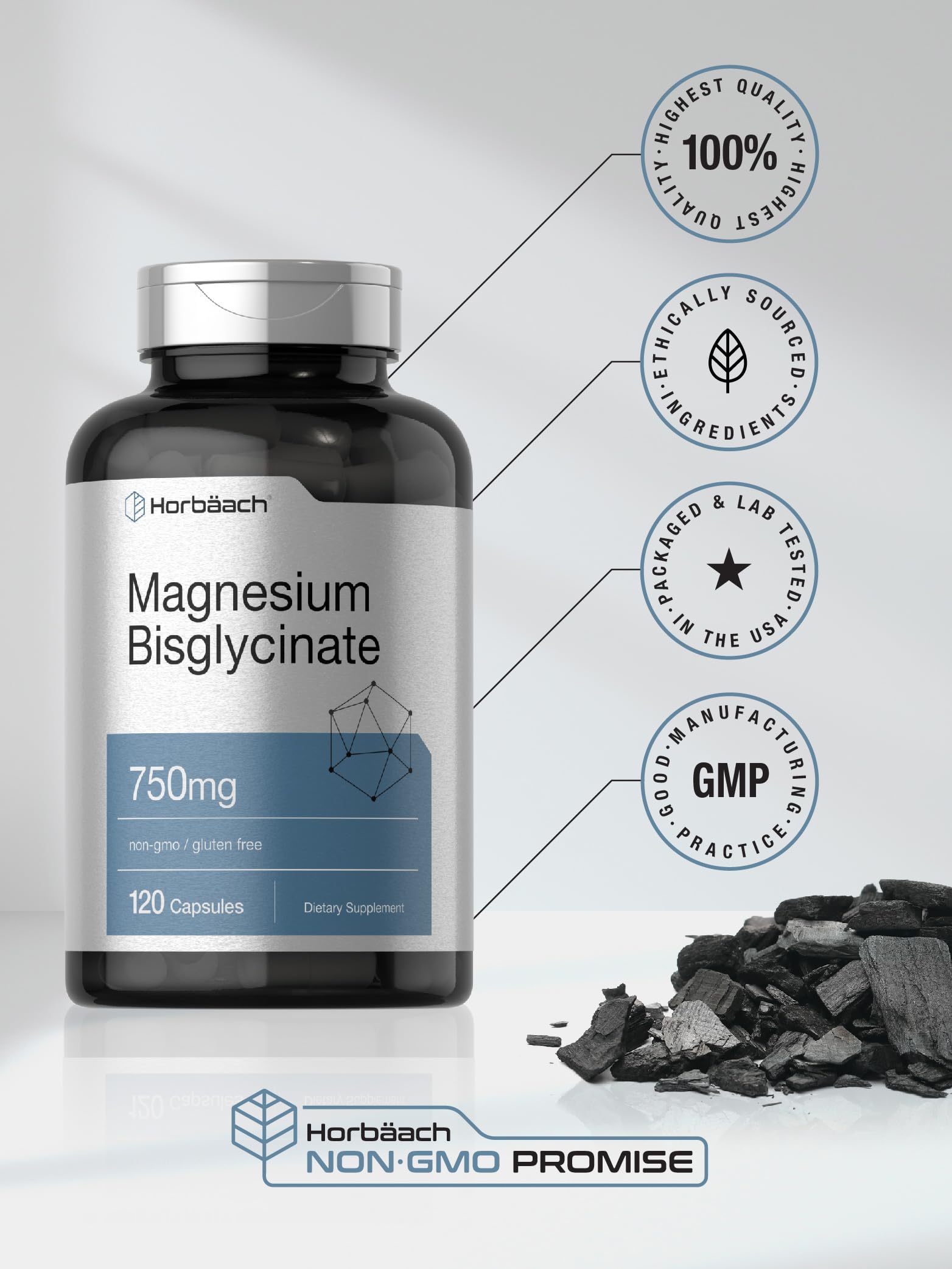 Horbäach Magnesium Bisglycinate packaging on shelf indicating gluten-free and non-GMO promise.