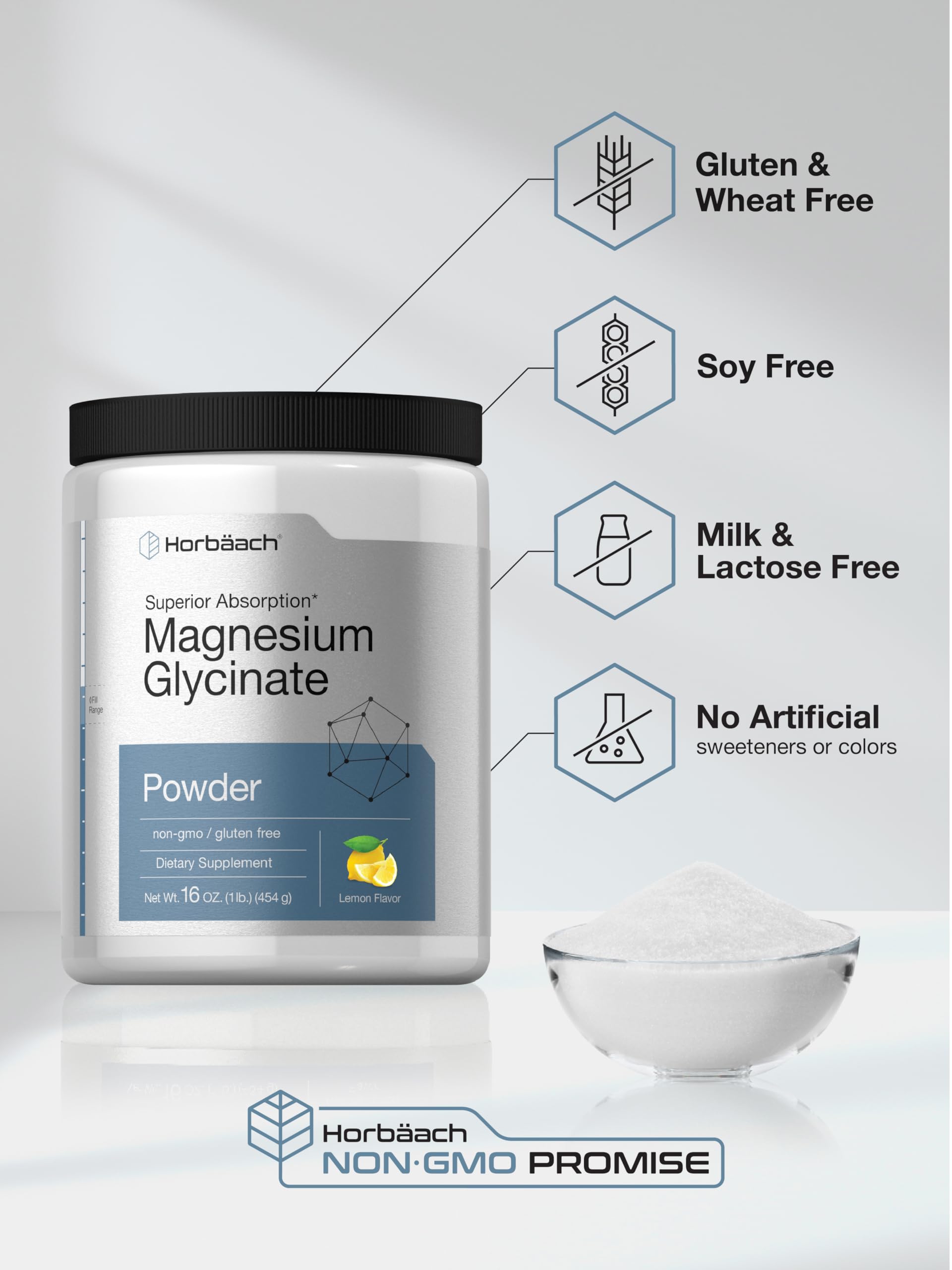Horbäach Gluten-free and non-GMO seals on Magnesium Glycinate Powder packaging.