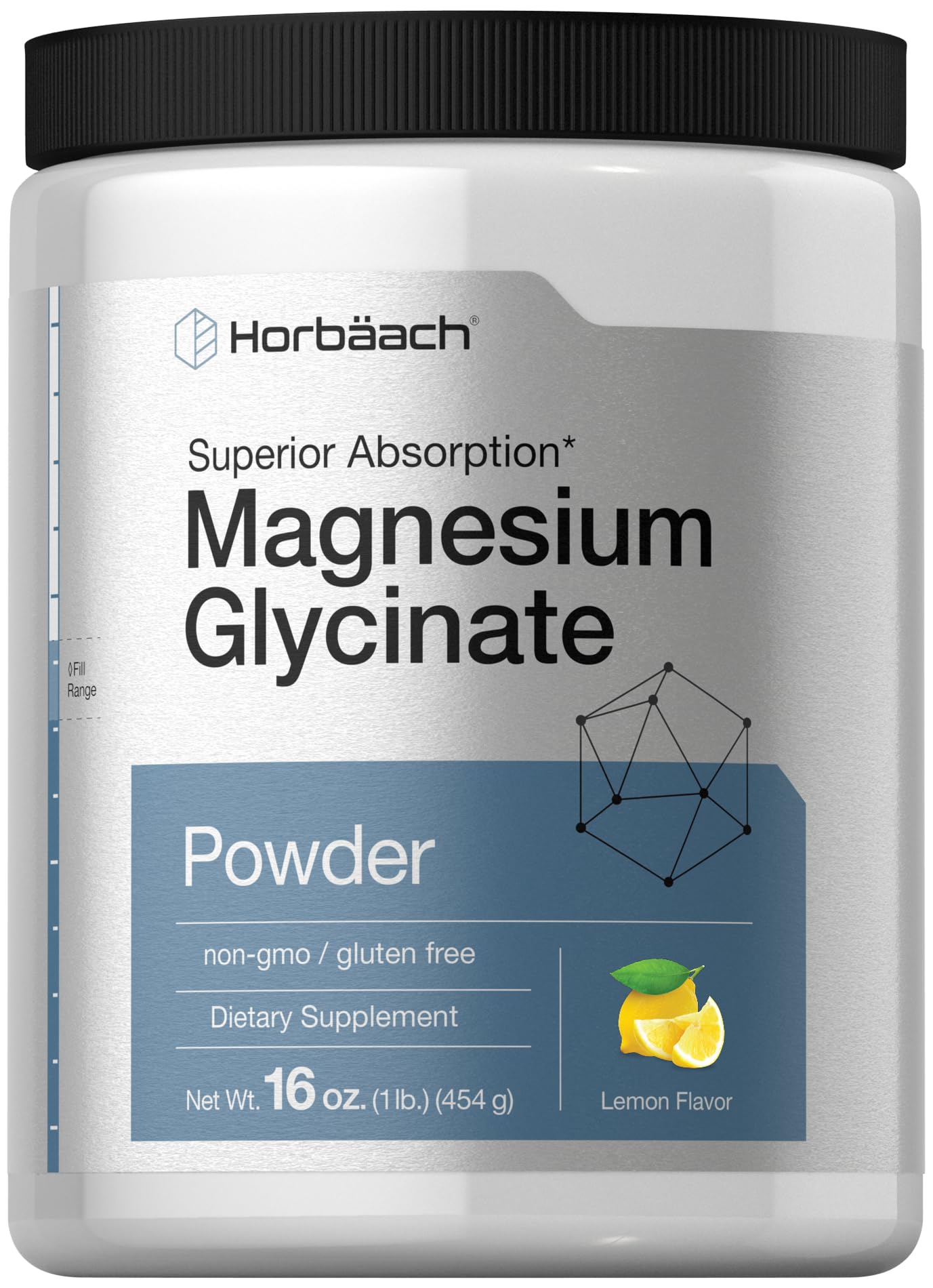 Horbäach Magnesium Glycinate Powder bottle with lemon flavor for easy daily use.