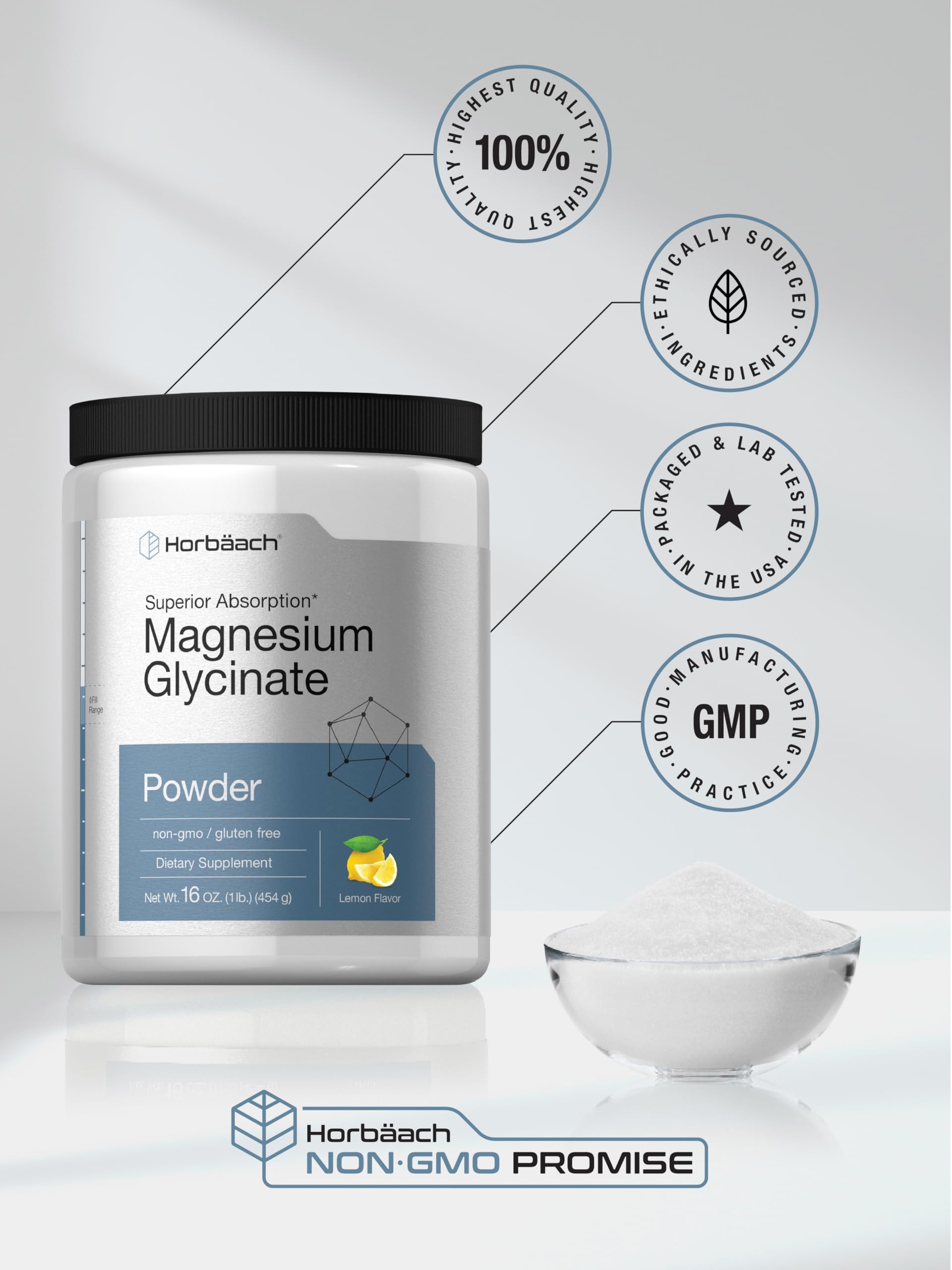Horbäach Magnesium Glycinate Powder texture close-up highlights smooth lemon aroma.