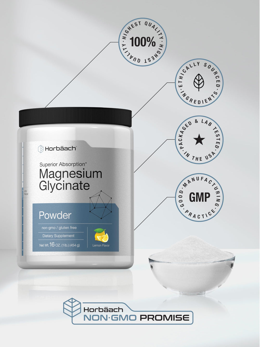 Horbäach Magnesium Glycinate Powder texture close-up highlights smooth lemon aroma.