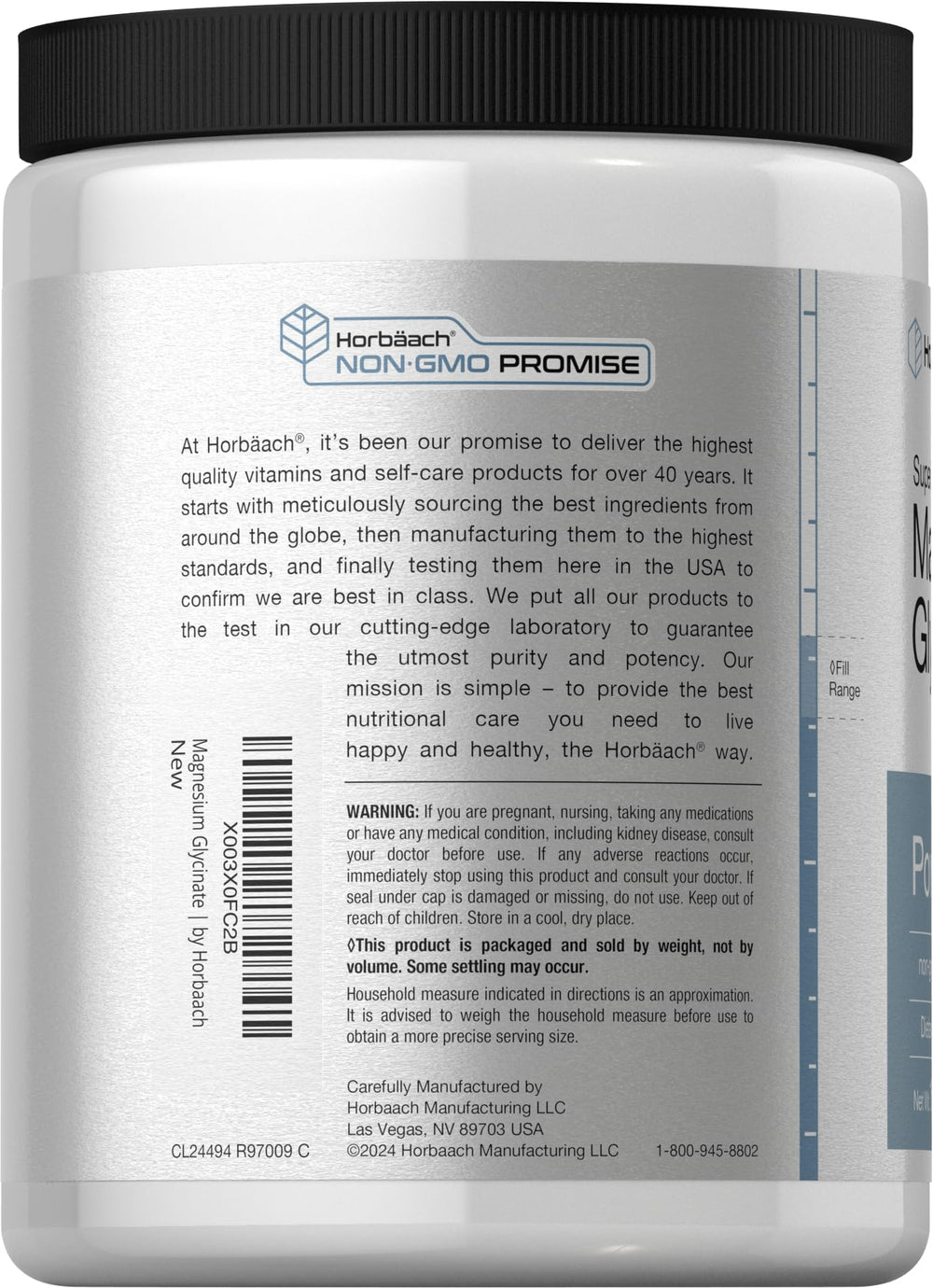 Horbäach Magnesium Glycinate Powder scoop indicating convenient serving size.