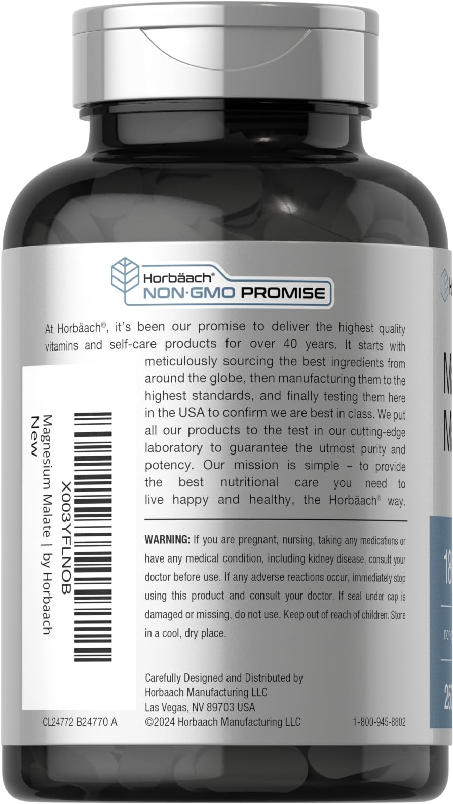 Horbäach Magnesium Malate bottle label showing vegetarian formula