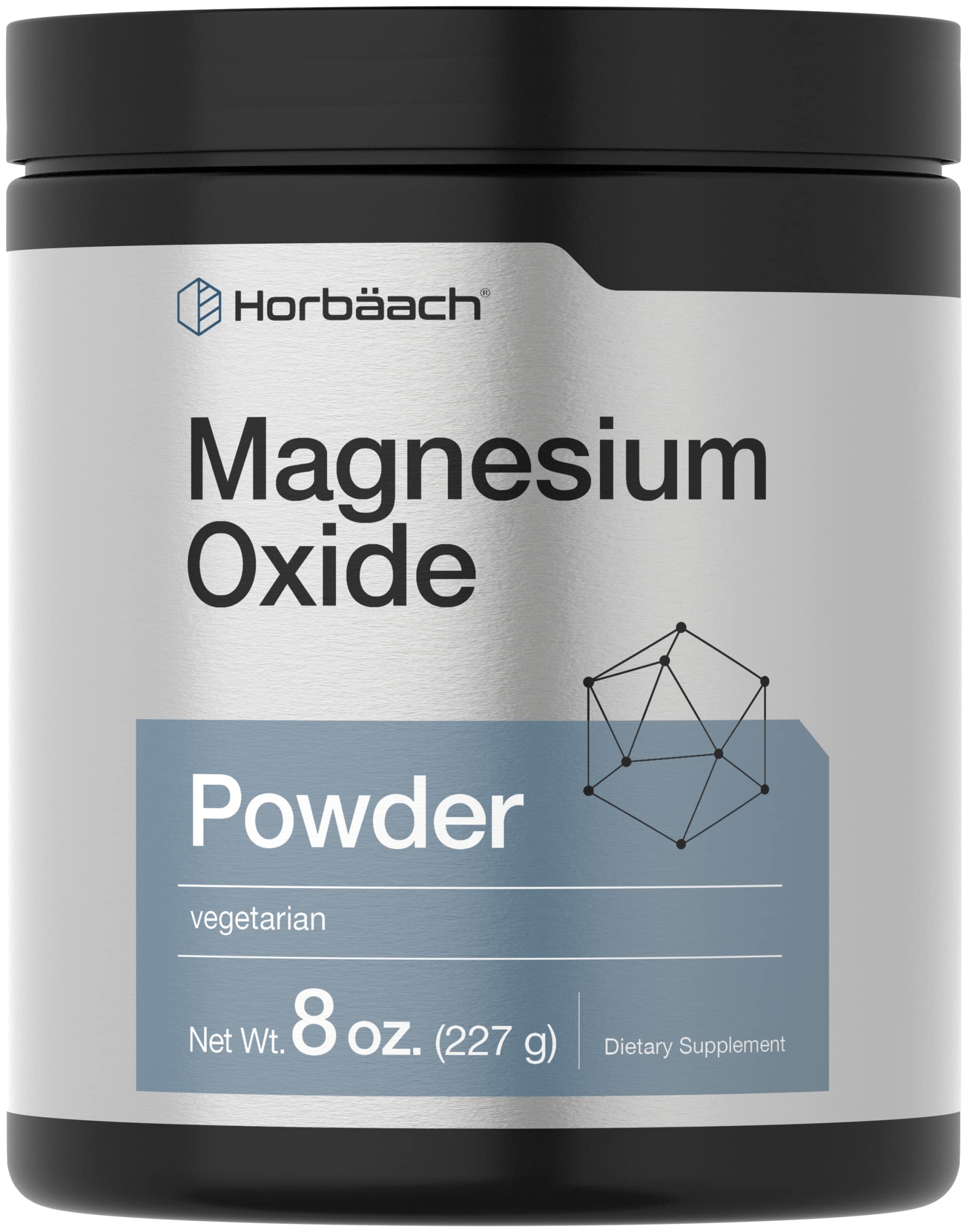 Horbaach Magnesium Oxide Powder bottle shows 8 oz packaging for easy daily use