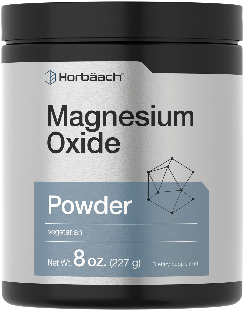 Horbaach Magnesium Oxide Powder bottle shows 8 oz packaging for easy daily use