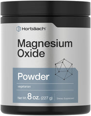 Horbaach Magnesium Oxide Powder bottle shows 8 oz packaging for easy daily use