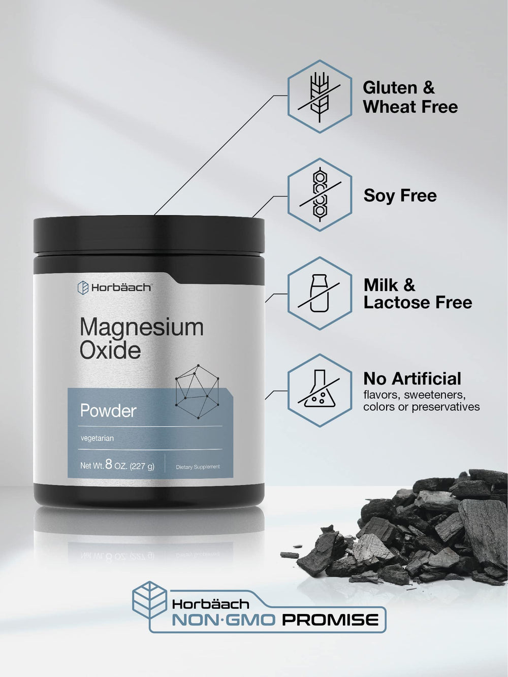 Horbaach Magnesium Oxide Powder label highlights ingredients and allergen information
