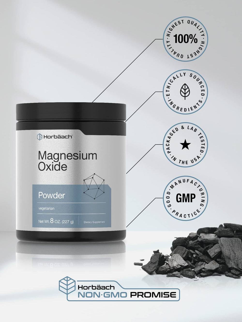 Horbaach Magnesium Oxide Powder packaging emphasizes purity and quality