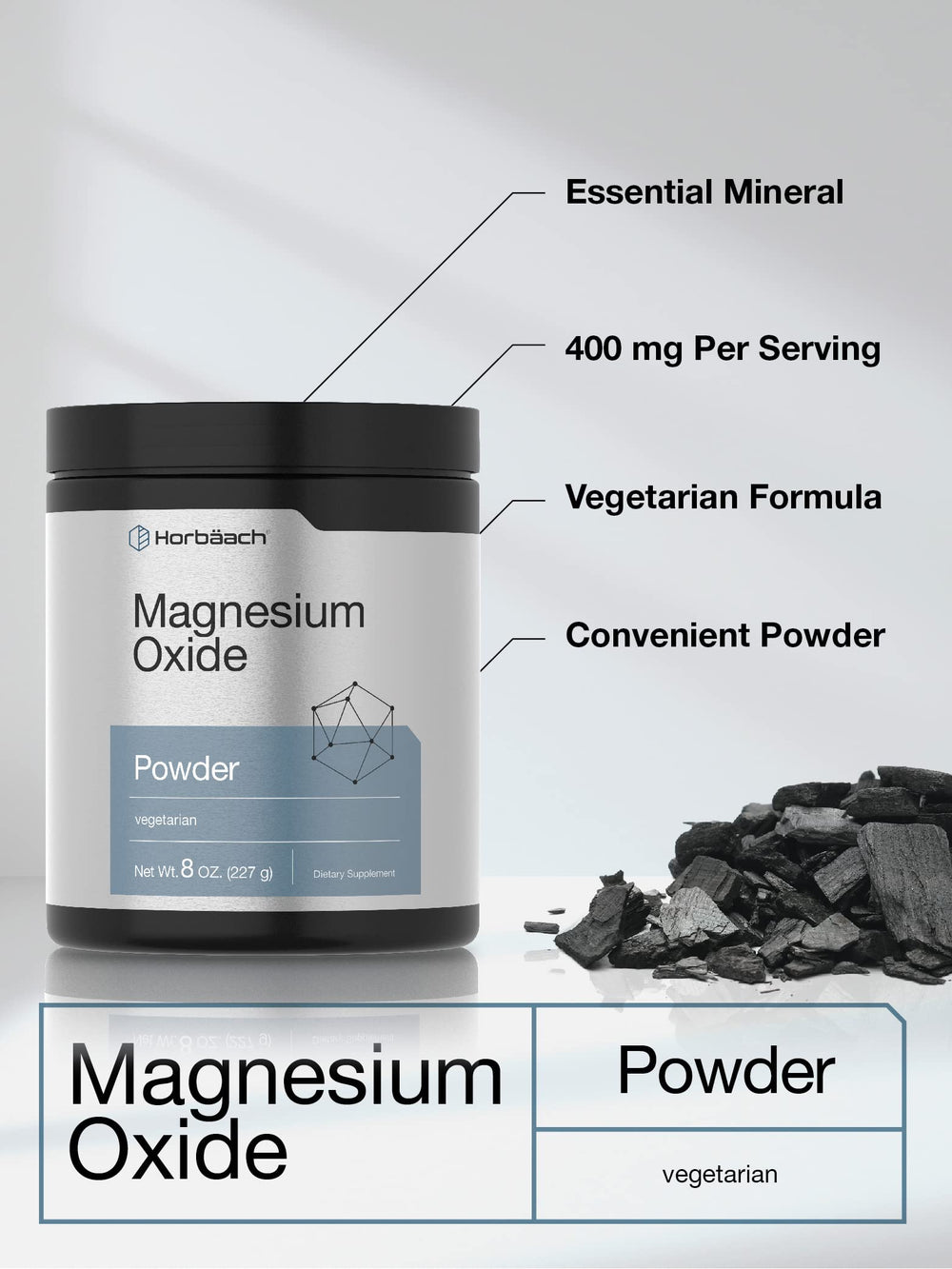 Horbaach Magnesium Oxide Powder scoop illustrates precise serving measurement
