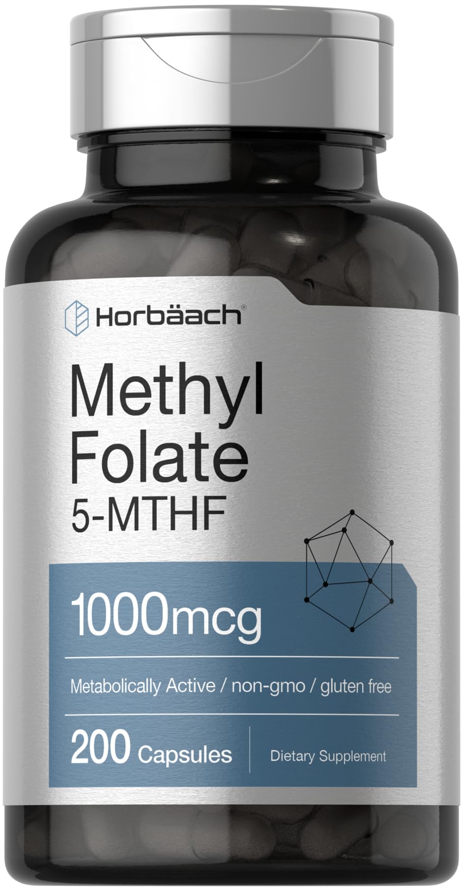 Horbaach Methyl Folate 1000mcg capsules in bottle for easy daily supplementation