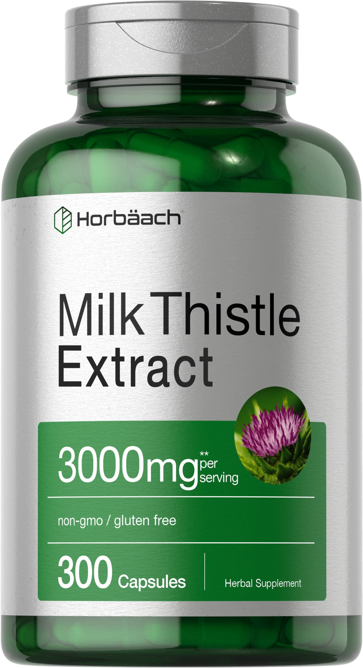 Horbaach Milk Thistle bottle with capsules showing a 3,000 mg serving potency