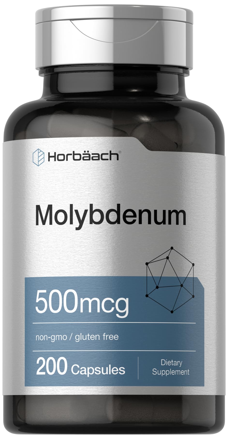 Horbaach Molybdenum supplement bottle on white background supports daily trace mineral intake