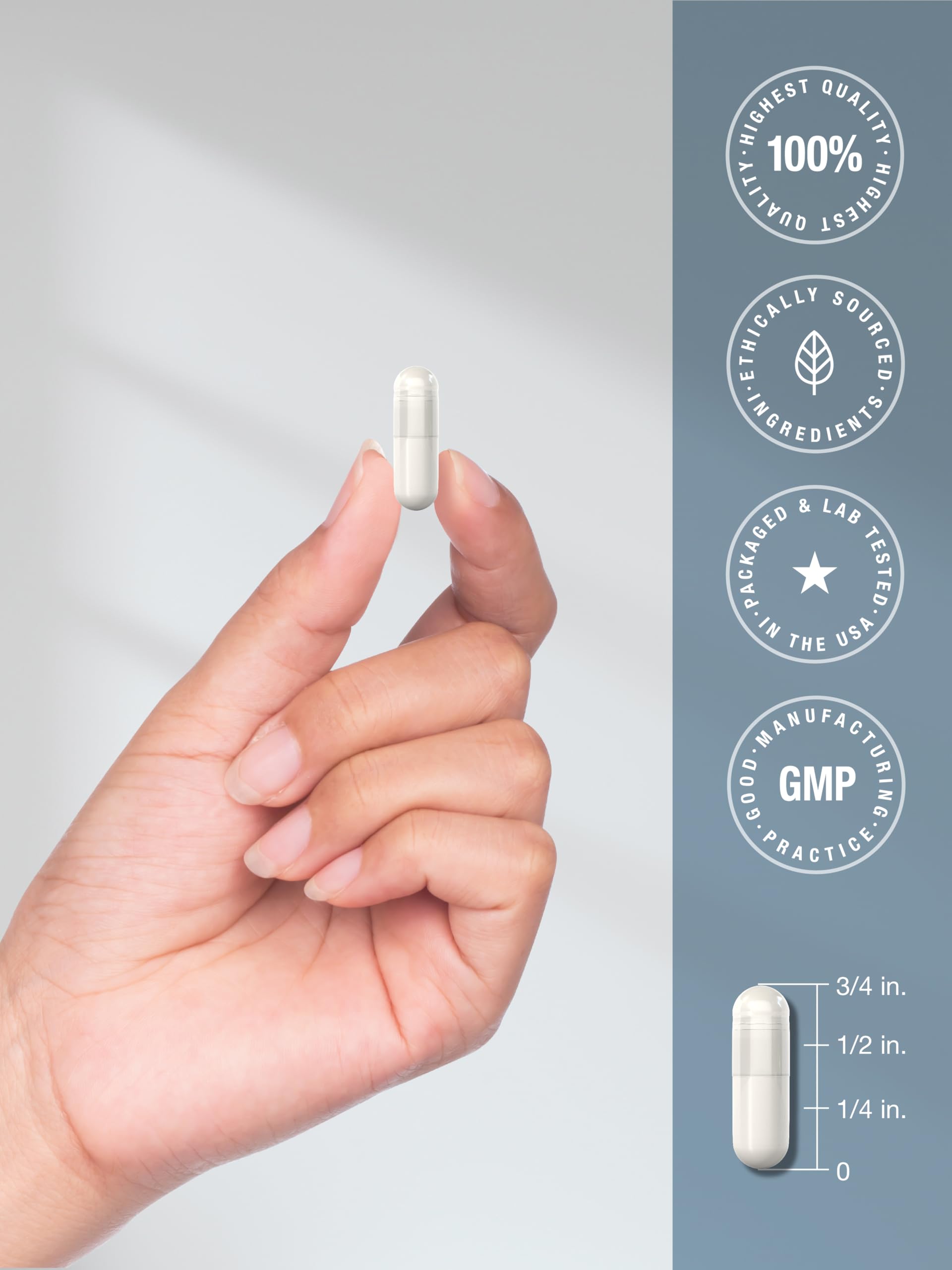 Ingredients panel highlights listed nutrients and purity standards