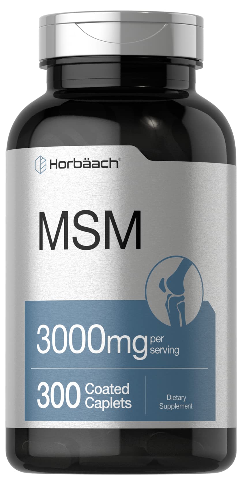 Horbäach MSM 3000mg bottle shows premium, allergen-free supplement for daily support