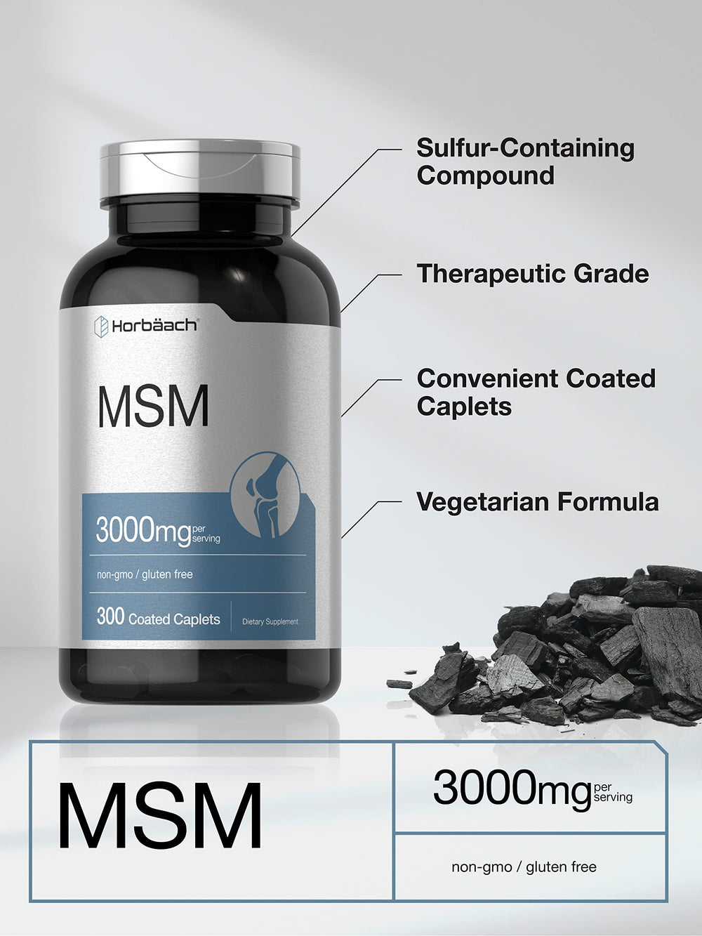 Horbäach MSM packaging display with calcium-enhanced formula for vegetarian wellness