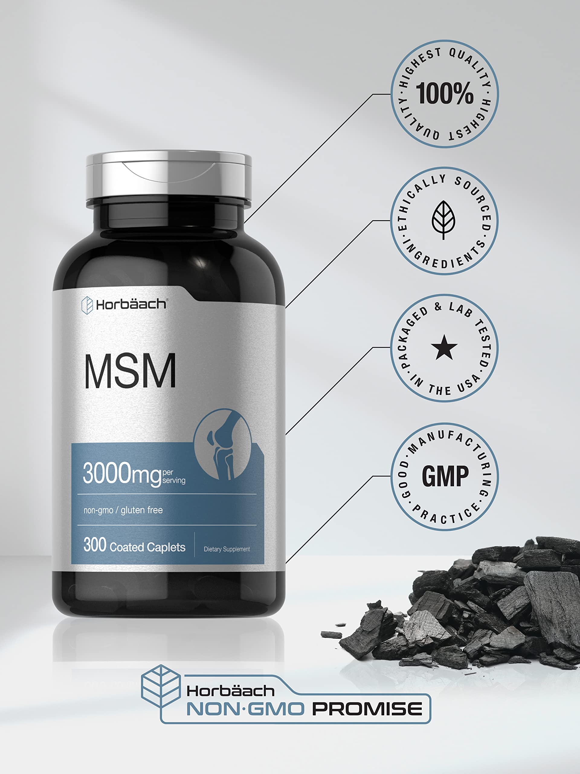 Horbäach MSM supplement facts panel highlights 3000 mg per serving