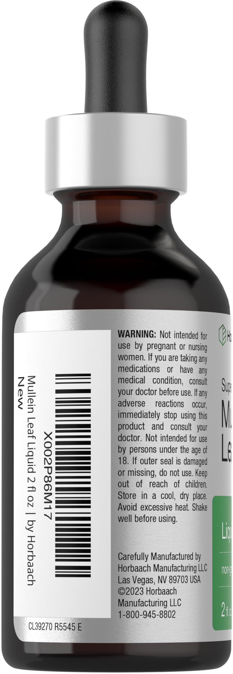 Horbäach Mullein Leaf Extract Drops label highlights gluten-free and non-GMO