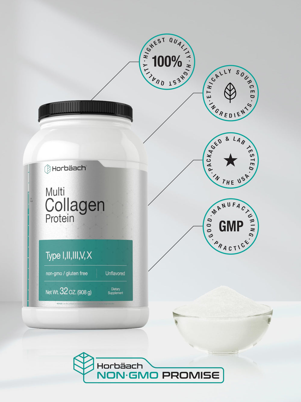 Horbaach Multi Collagen powder dissolves cleanly into beverages.