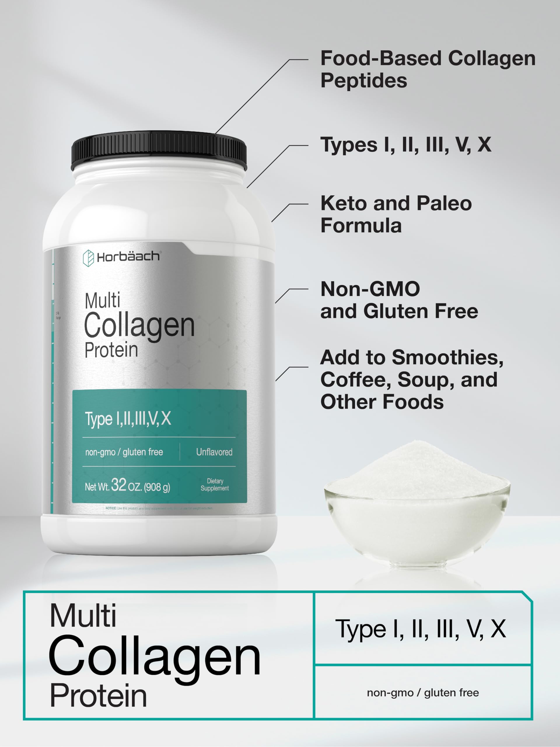 Horbaach Multi Collagen powder in glass jar ready for shakes.