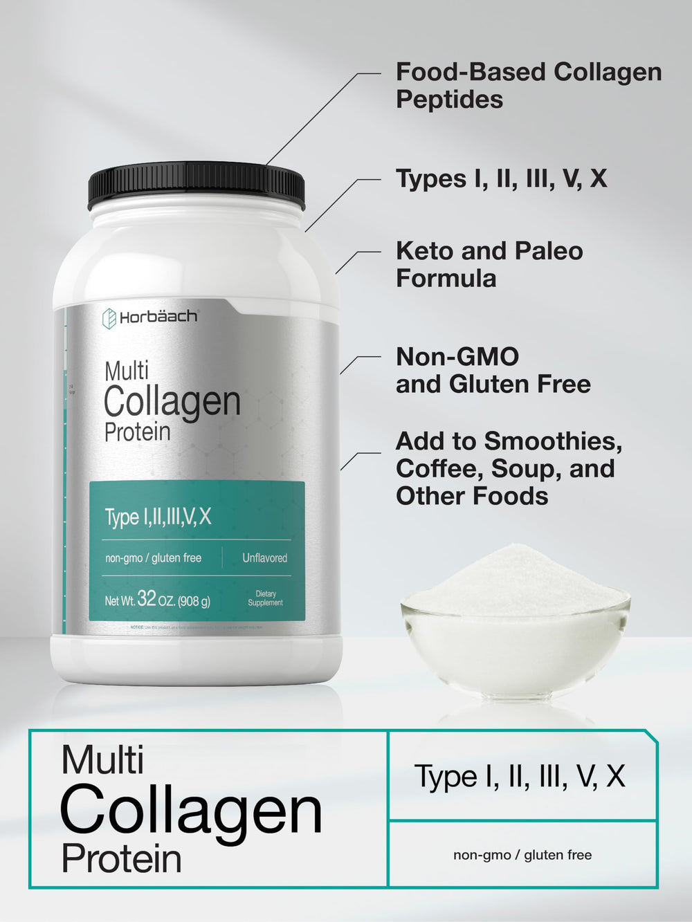 Horbaach Multi Collagen powder in glass jar ready for shakes.