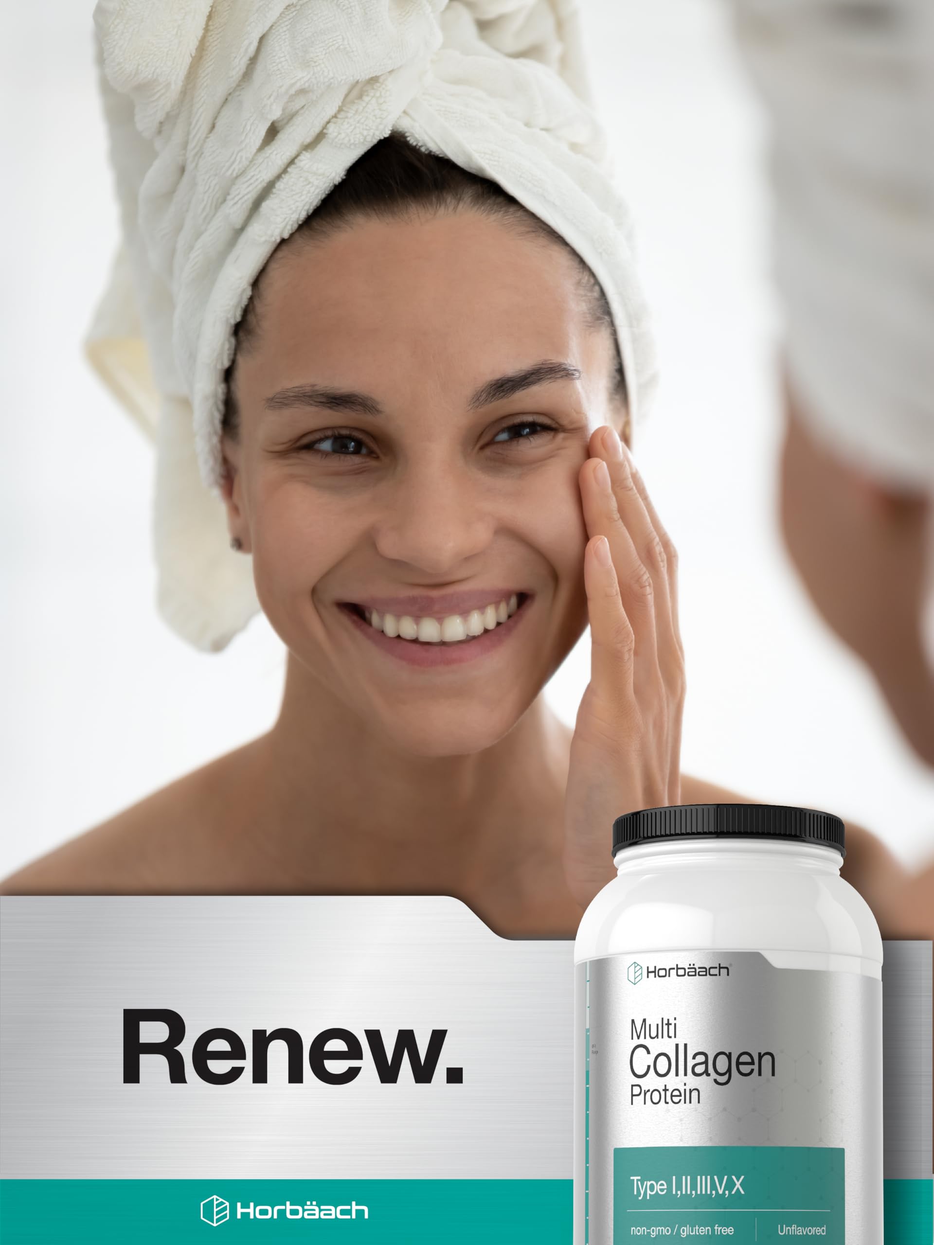 Horbaach collagen powder shown with keto-friendly label.