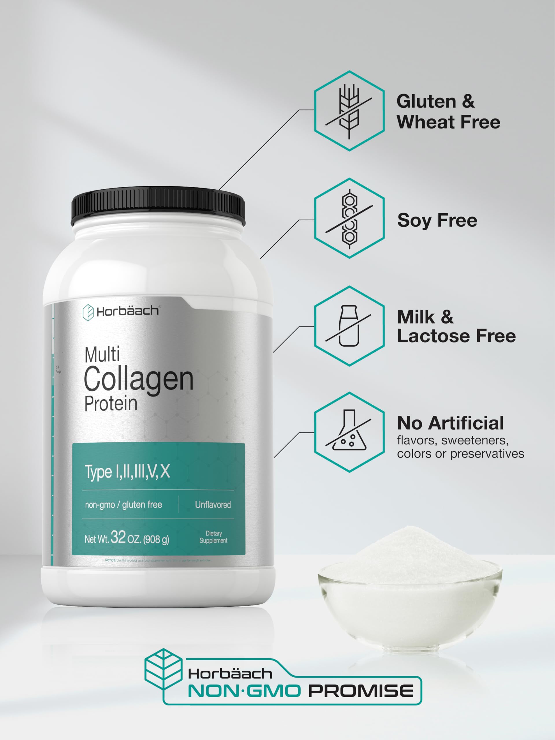 Horbaach Multi Collagen powder on kitchen counter ready for smoothies.