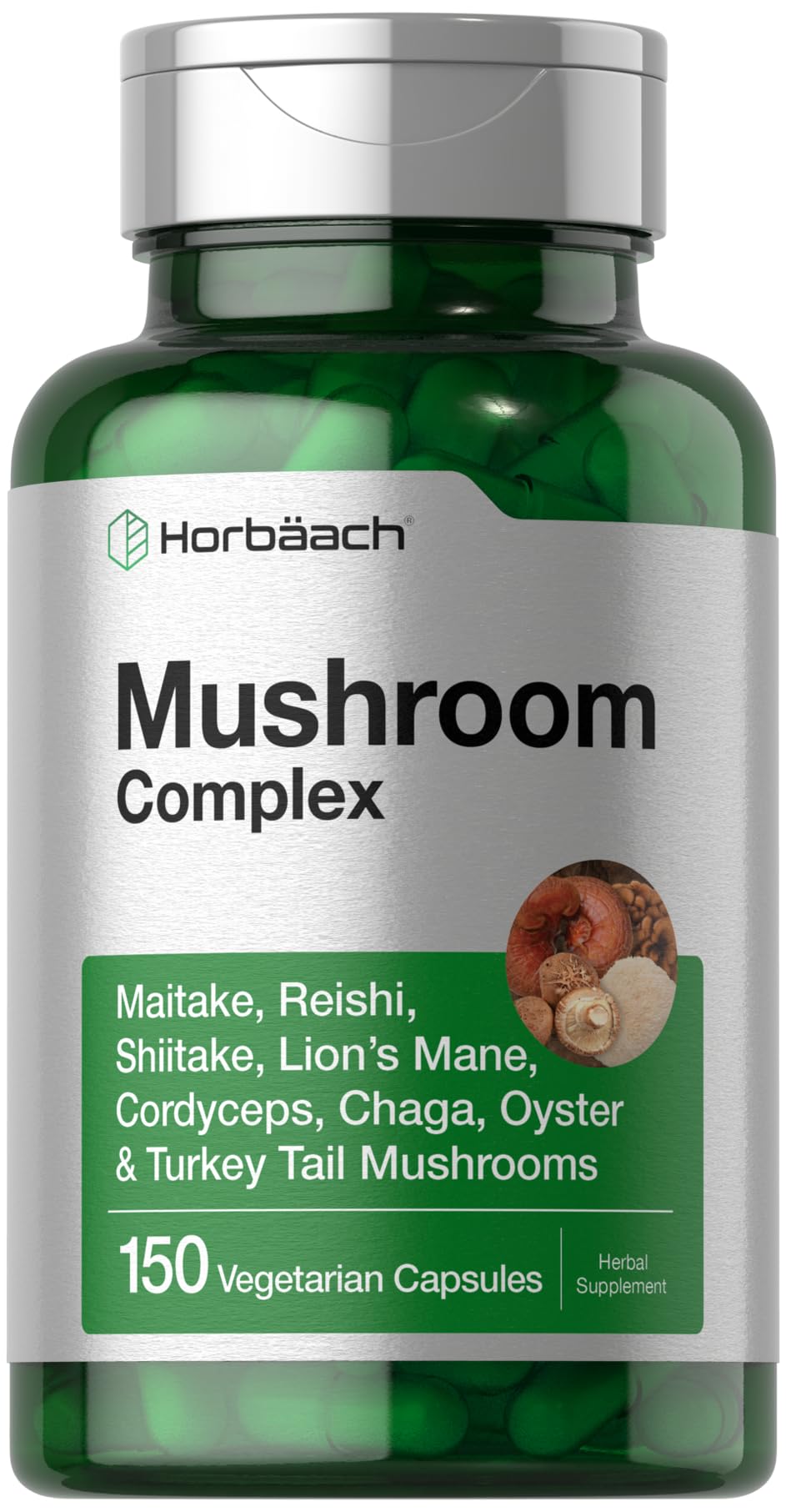 Horbäach Mushroom Complex capsules bottle close-up for daily wellness support.