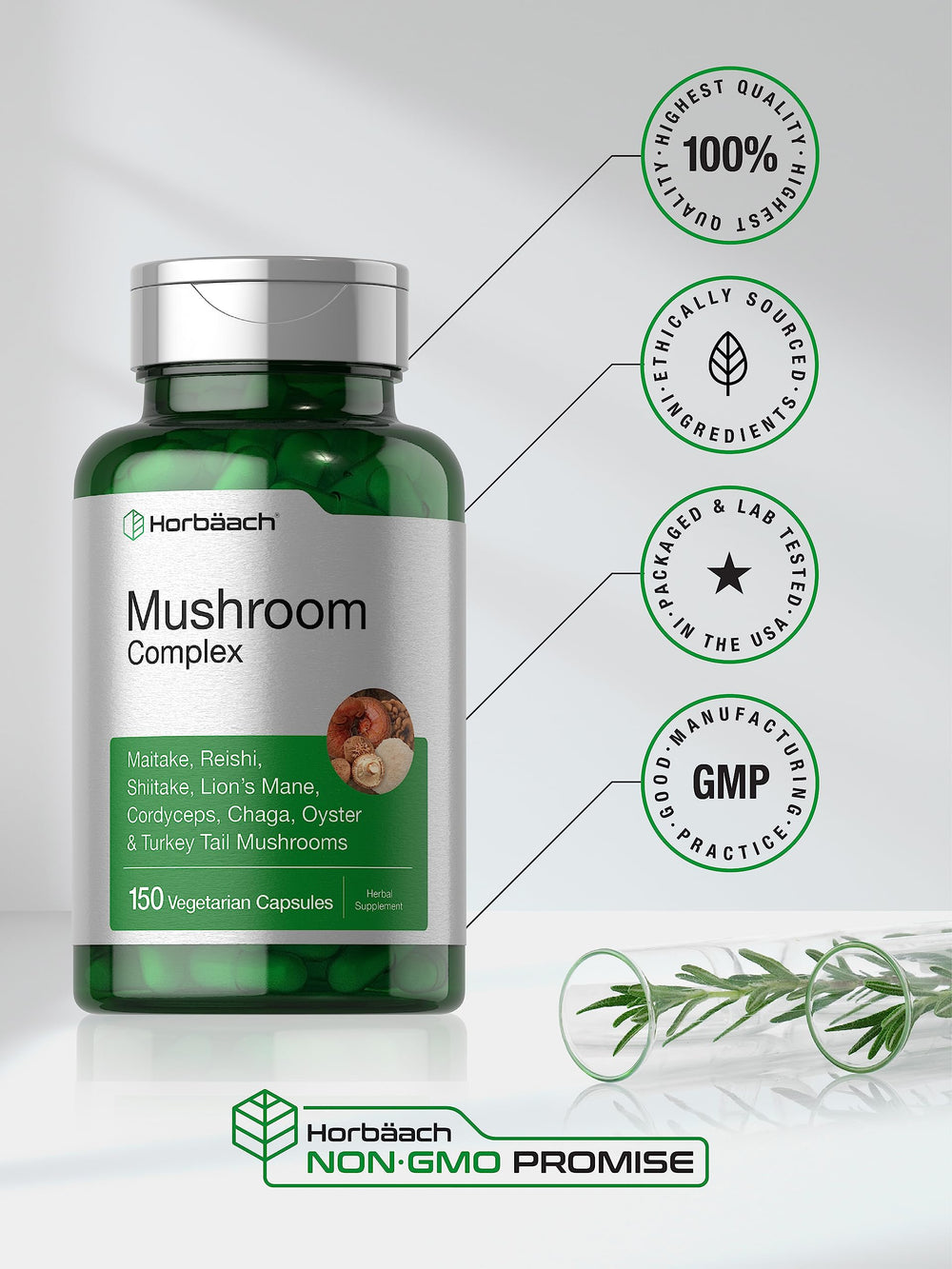 Horbäach Mushroom Complex capsules with open lid suggest easy daily intake.