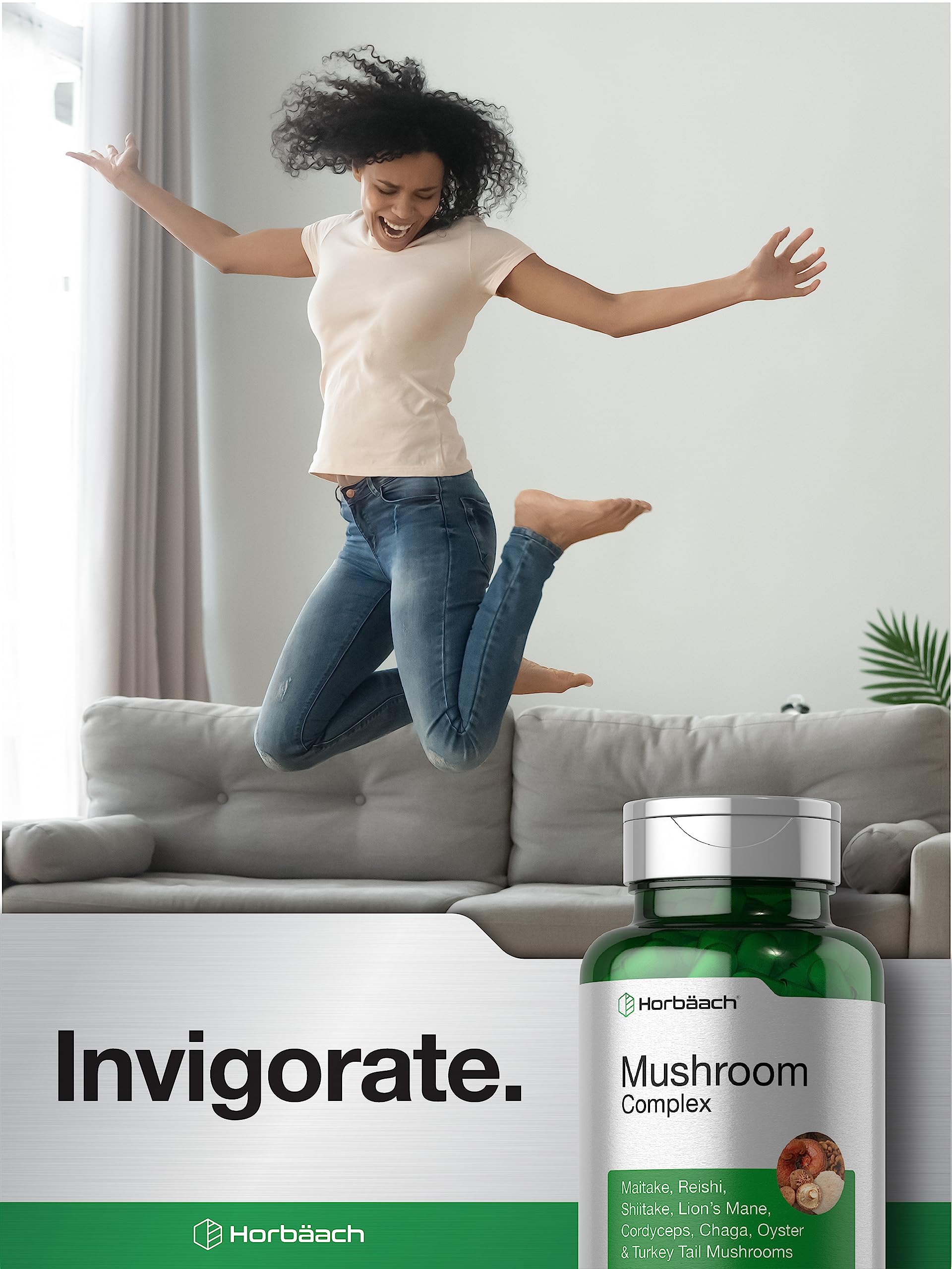 Horbäach Mushroom Complex packaging display conveys quality and lab-tested ingredients.