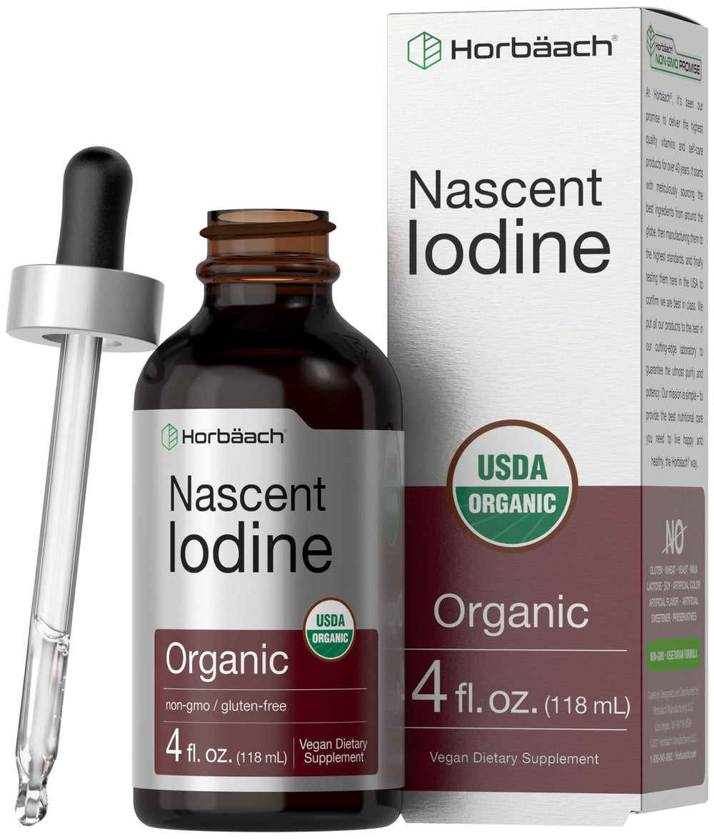 Horbaach Nascent Iodine Drops bottle close-up, highlighting purity and quality.