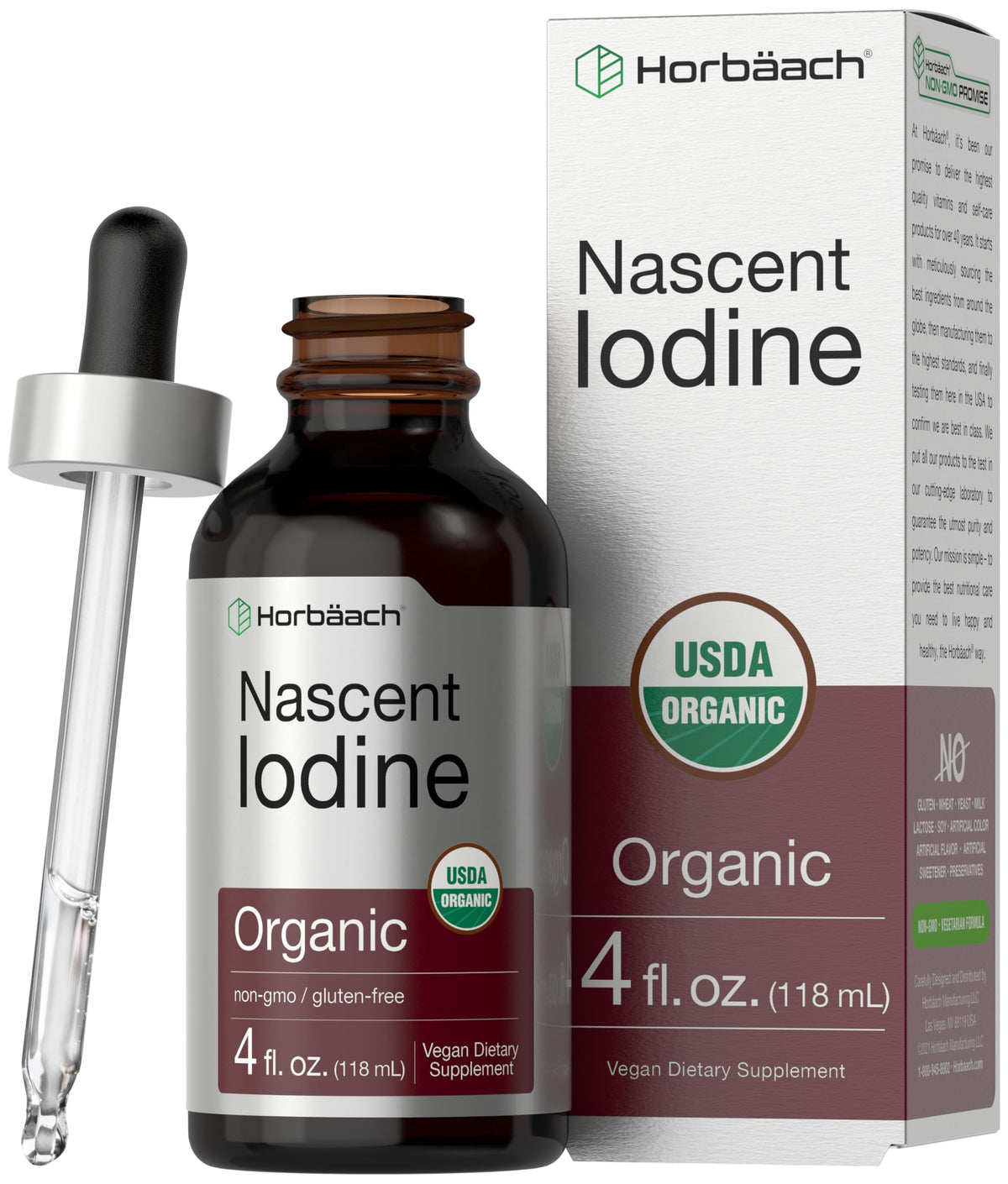 Horbaach Nascent Iodine Drops bottle close-up, highlighting purity and quality.