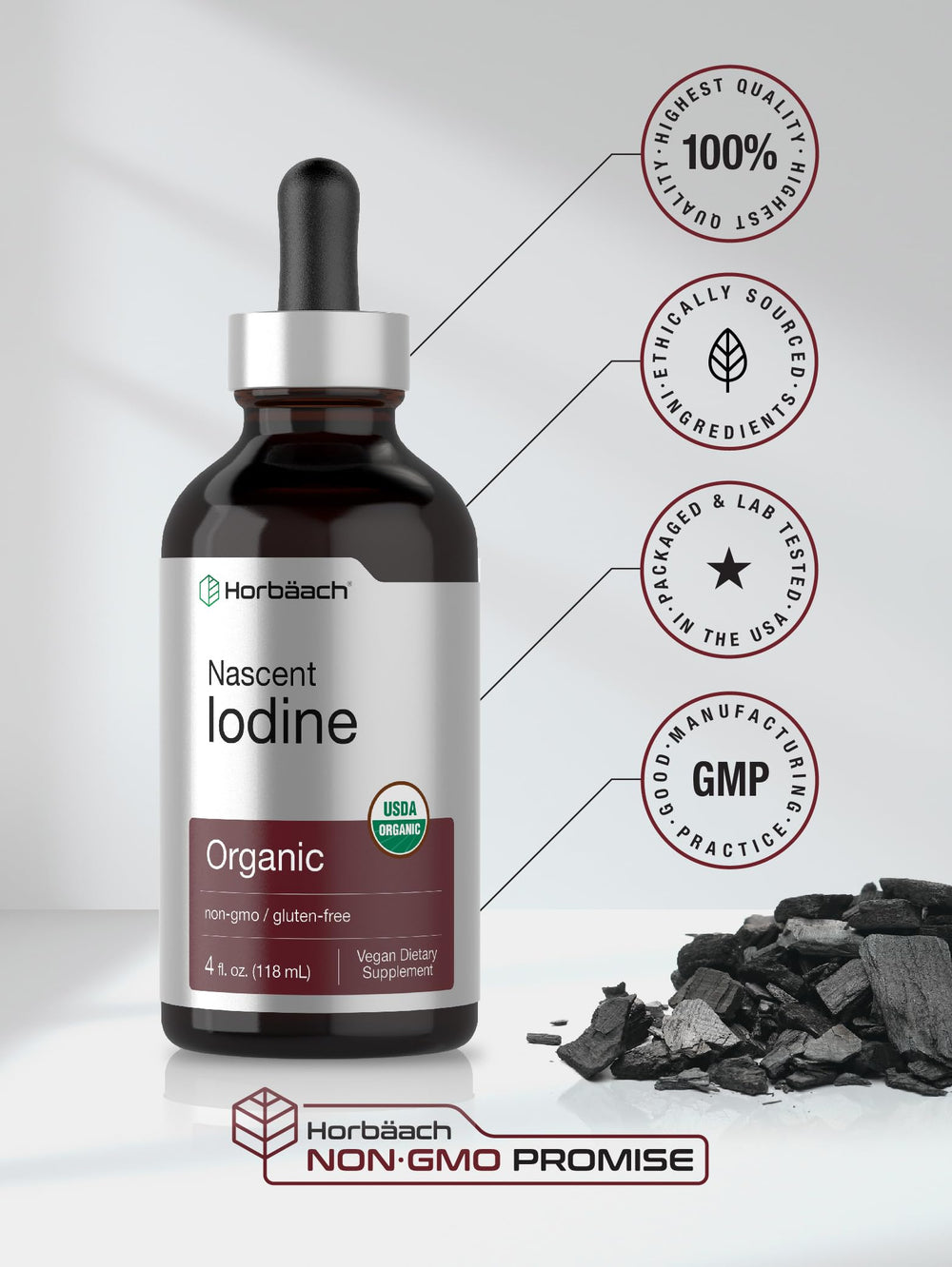 Horbaach Nascent Iodine Drops dropper top, easy at-home dosing.
