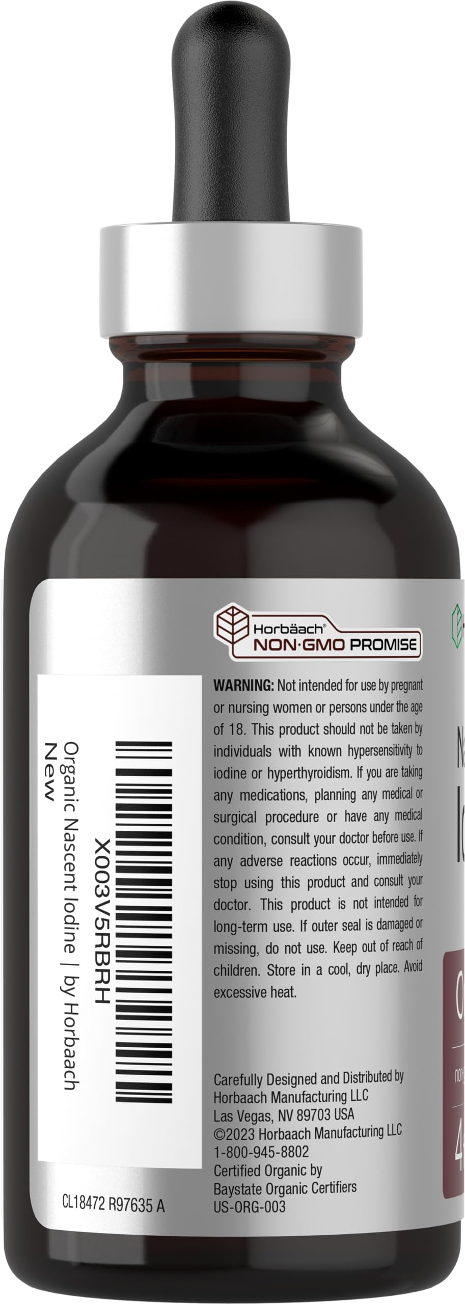 Horbaach Nascent Iodine Drops label close-up, vegan and gluten-free formulation.